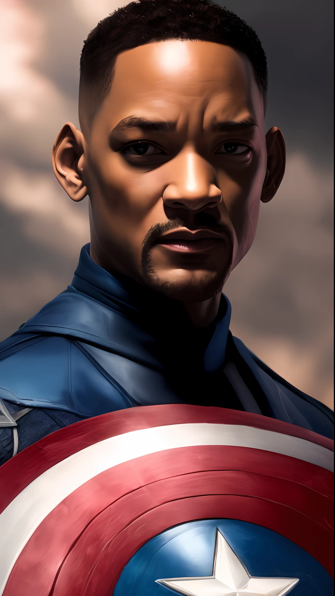 . .Tarantino style Will Smith as Captain America 8k, high definition, detailed face, detailed face, detailed eyes, detailed suit, in style of marvel and dc, hyper-realistic, + cinematic shot + dynamic composition, incredibly detailed, sharpen, details + superb details + evening with light + perfectionism + award winning realism ((moody lighting))