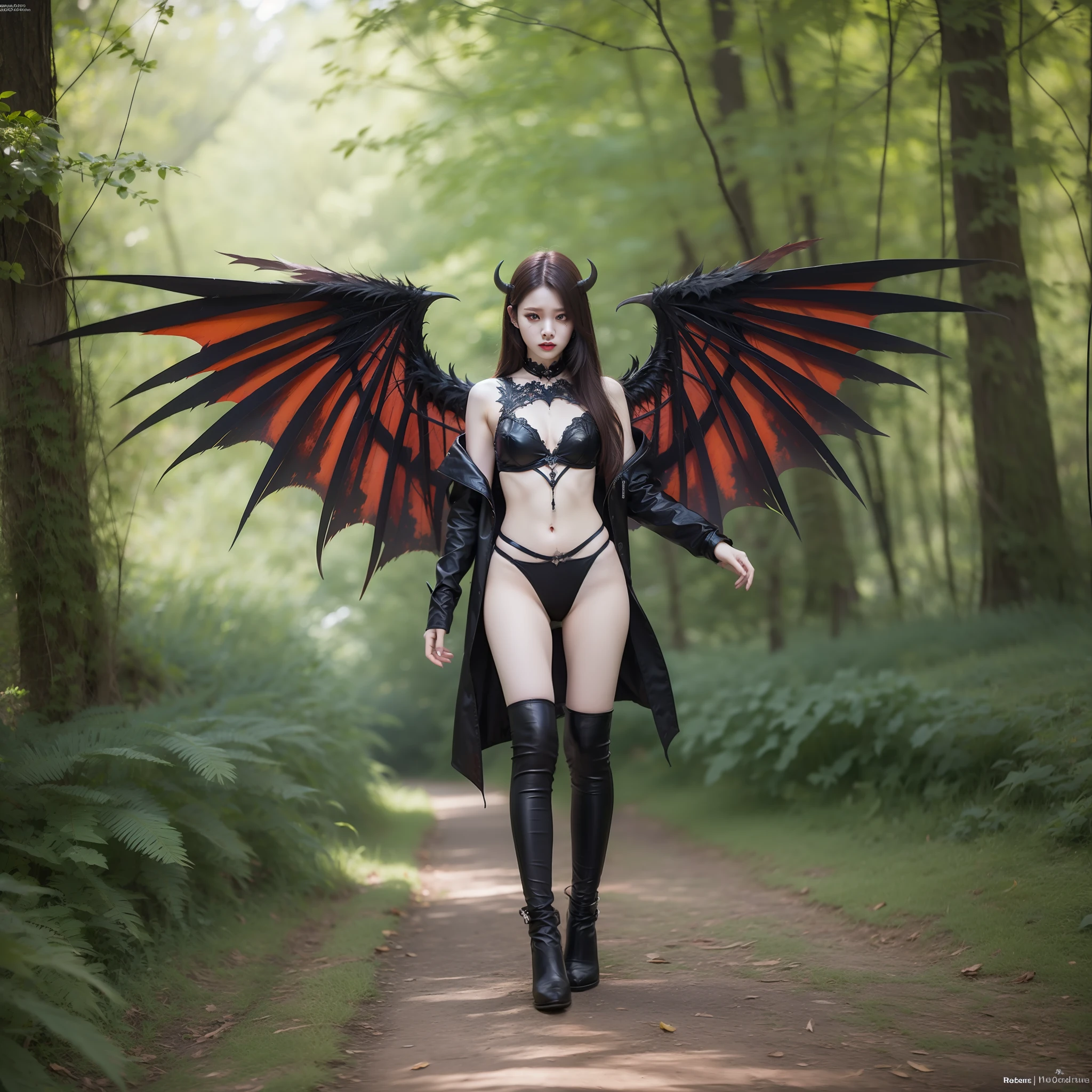 8K, RAW photo, high quality, realistic, full body photo, young woman with demon wings