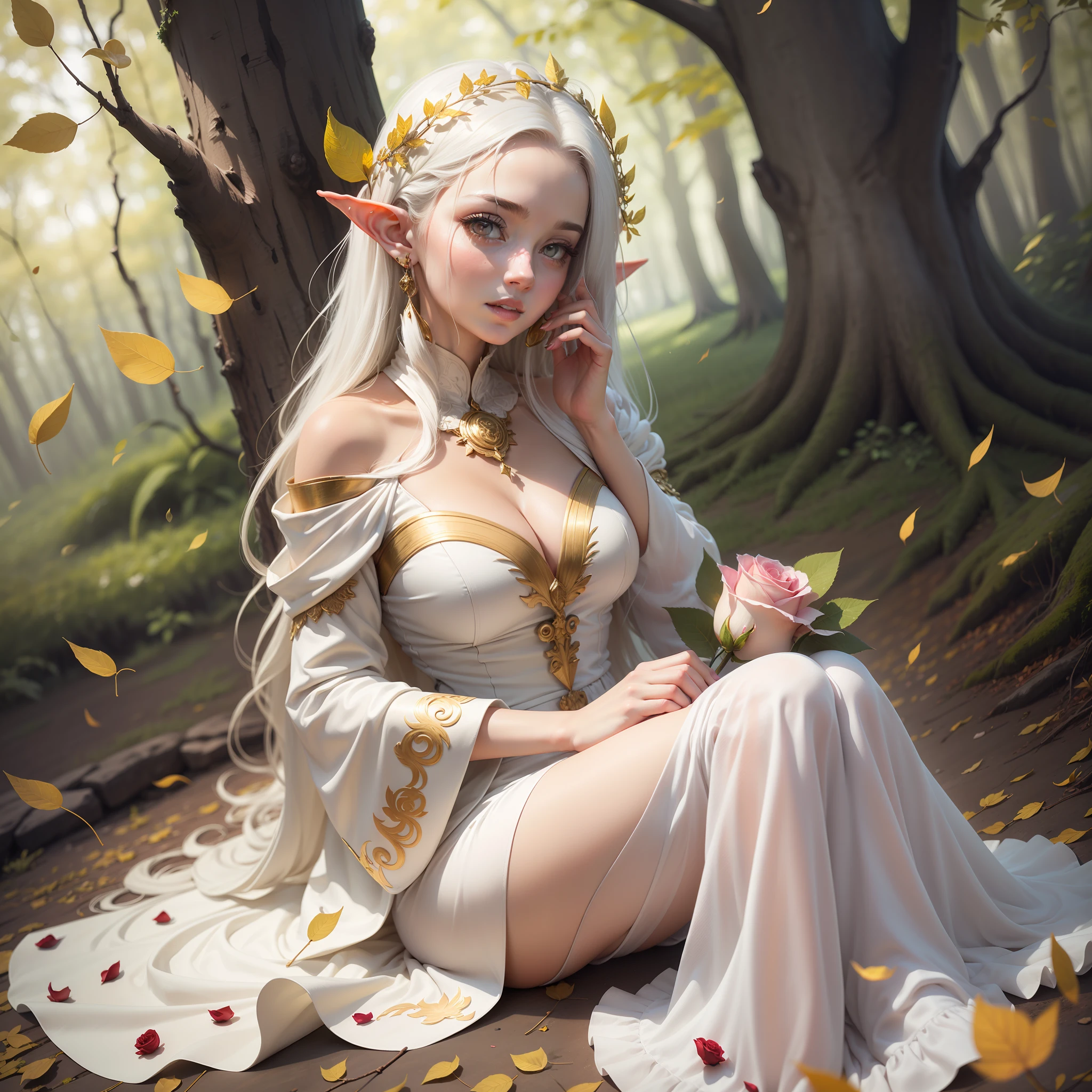 A Divinity, The purest form of Beauty, A Holiness. A gentle Goddess, White Eyes, long white hair, soft lips, white dress with rose petals, 1girl, Elf Ears, Adult Face, Mature Face. Sitting below a tree with golden leaves, 5 fingers
