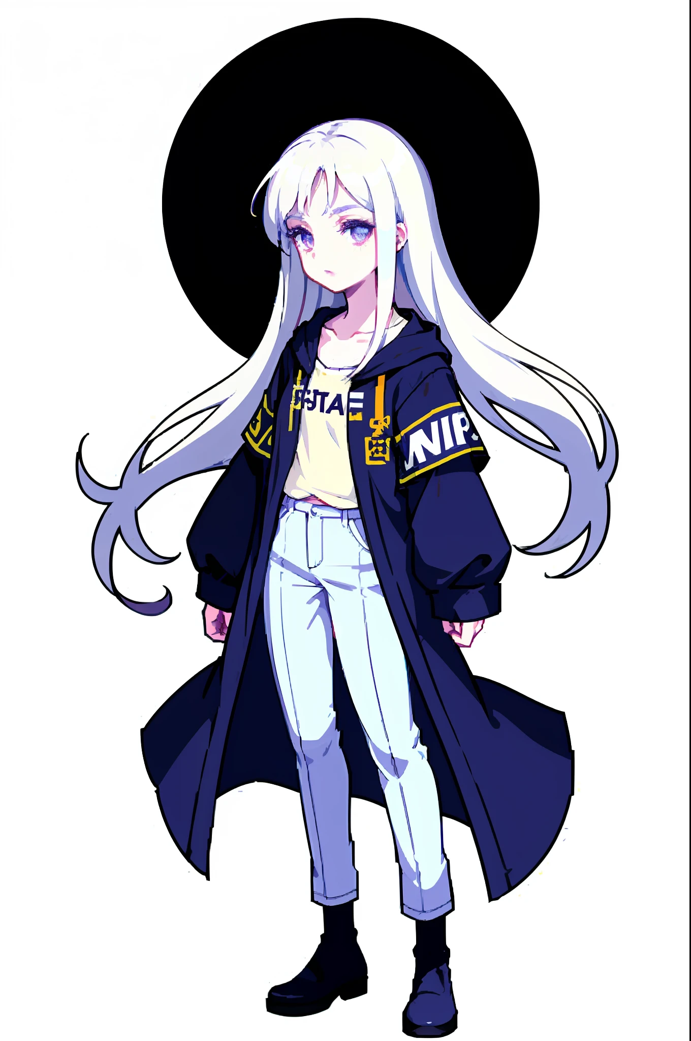 Androgynous, white hair, long hair, flowy hair, long flowy white hair, purple eyes, violet eyes, white eye lashes, pale skin, white skin, very pale skin wearing casual clothing, baggy clothes, white clothing, pants, accessories. Angelic.