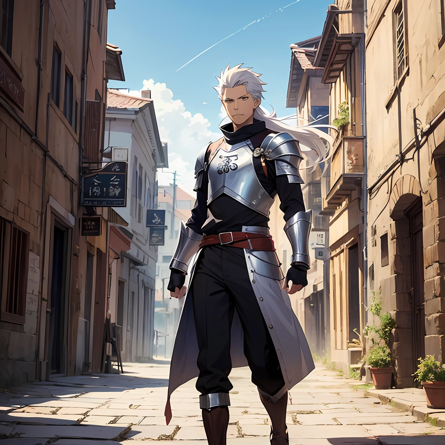 (masterpiece:1.4), (best quality:1.4), anime style, 1man, solo, (archer \(fate\):1.2), white hair, long hair, circular wind hair, dark-skinned man, dark skin, looking at the viewer, full body, strong body, silver eyes, silver detailed armor looking at the viewer, upper body, walking, ancient city, medieval landscape, sky, night --auto