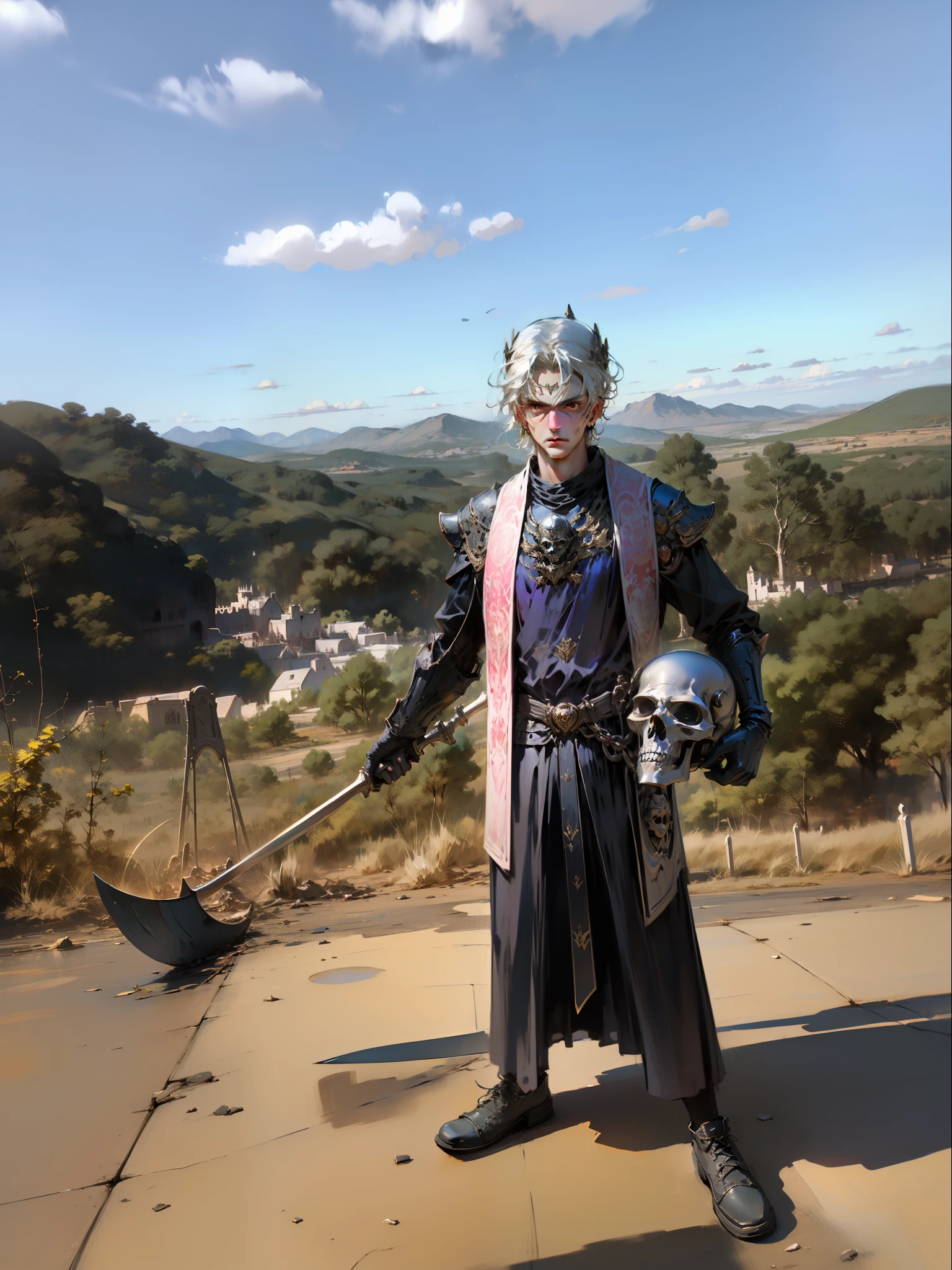 Black knight, castle at night, Gothic Realistic, 4k, brown skin, straight white hair, yellow eyes, holding a skull helmet, holding an axe