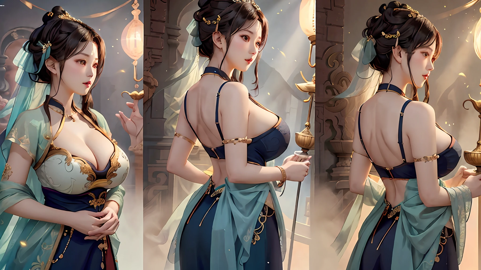 Multiple views of the same character in the same outfit, (Raw Photos, Bestquality), Bestquality, Extremely Detailed, a masterpiece, Ultra detailed, illustration, A GIRL, (huge boobs,cleavage), dynamic angle, Bestquality, extremely detailed CG unity 8k壁纸,movie lights,Dunhuang style, (front view, side view, back view)