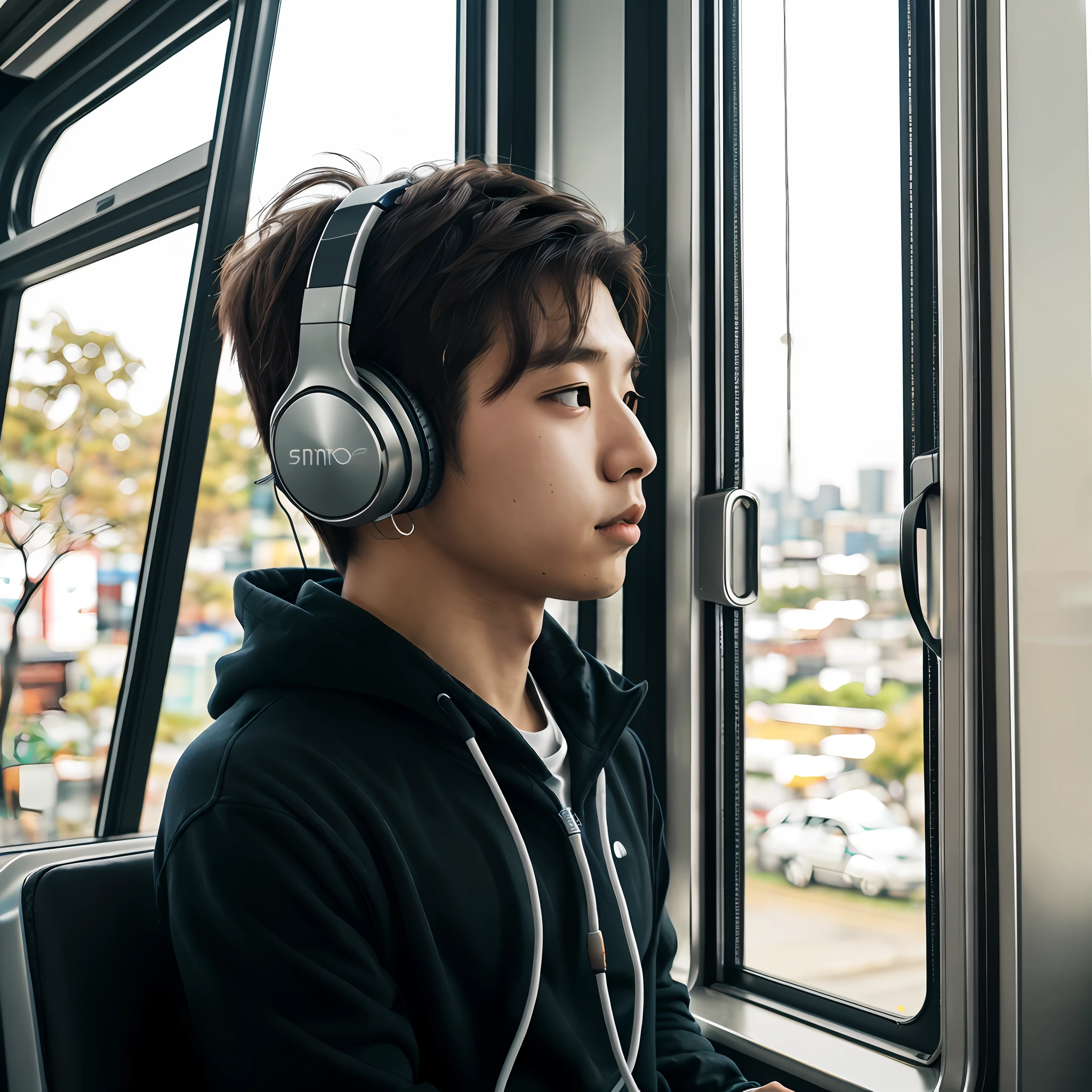 A handsome young Korean man sitting on a bus at the window a beautiful landscape of the city behind, ElE's got headphones in his ear listening to music and very worried looking in the direction of the window, triste, preocupado, (8k), sentado sozinho, um casaco amarelo, Messy hair, e muito bonito. 4k, obra-prima, low lighting, him looking and noticing camera, 1 boy 4k, --auto