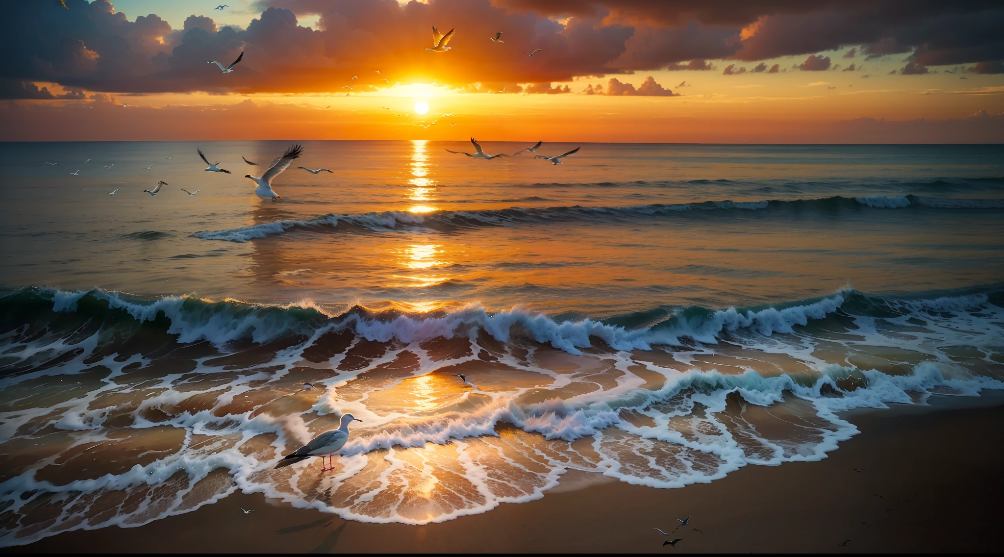 An absolutely mesmerizing sunset over the beach, with a mix of greens, pinks and yellows filling the sky. The crystal clear waters of the sea gently kiss the coast, with a white sand beach stretching throughout. The scene is dynamic and breathtaking, with seagulls and birds soaring high in the sky and palm trees swaying gently. Soak up the soothing atmosphere and let the tranquility take over you.