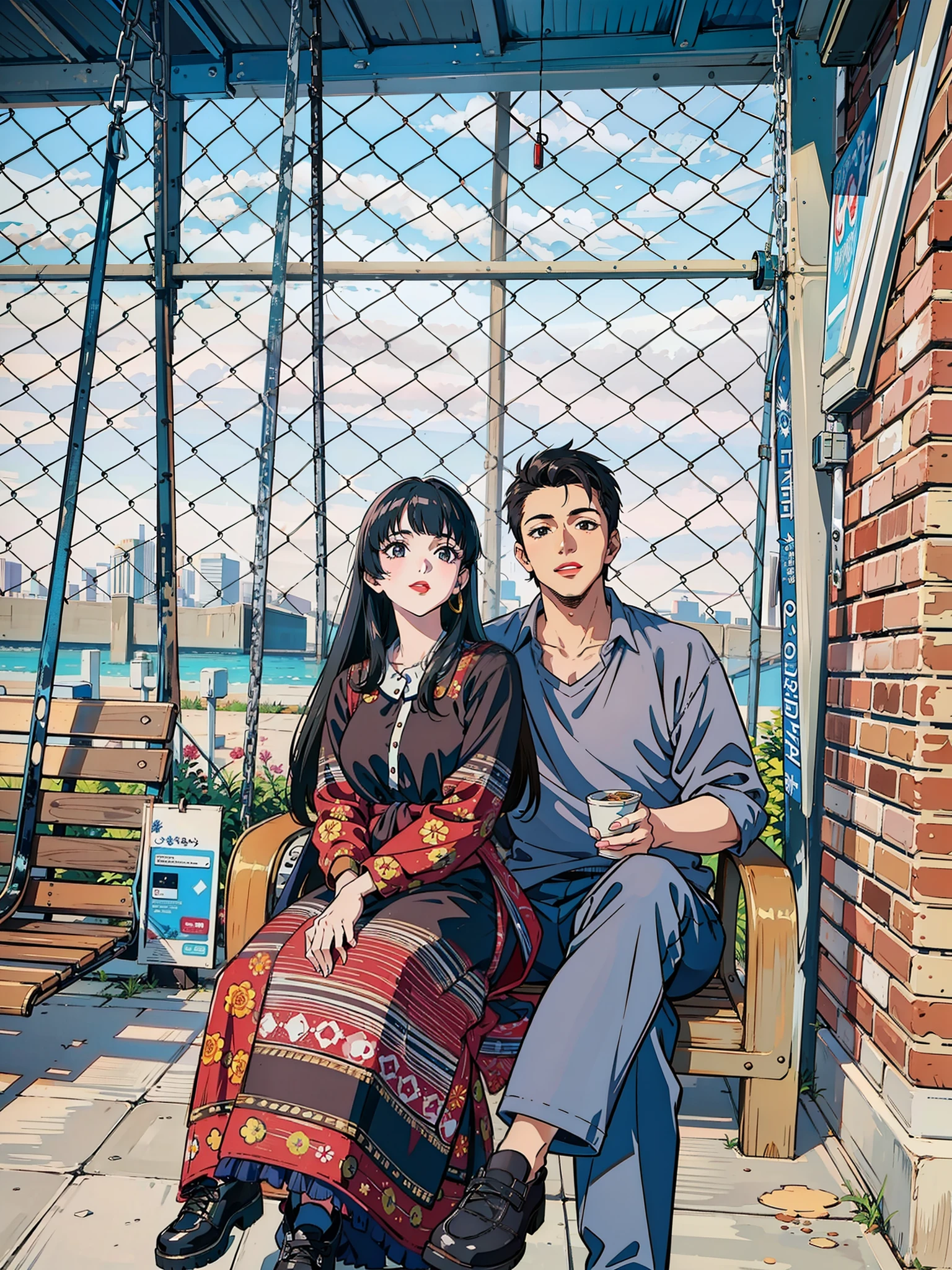 (masterpiece),(best quality:1.0), (ultra highres:1.0), detailed illustration, 8k, anime, 1girl, beautiful anime girl, wearing a black dress, intricate details, black eyes, detailed eyes, black hair, detailed hair detailed, highlights on hair, smile, red lipstick, red lips, detailed lips, 1boy, young handsome boy, stylish hair, pale lips, wearing a black shirt, beard, anime style, best quality, detailed