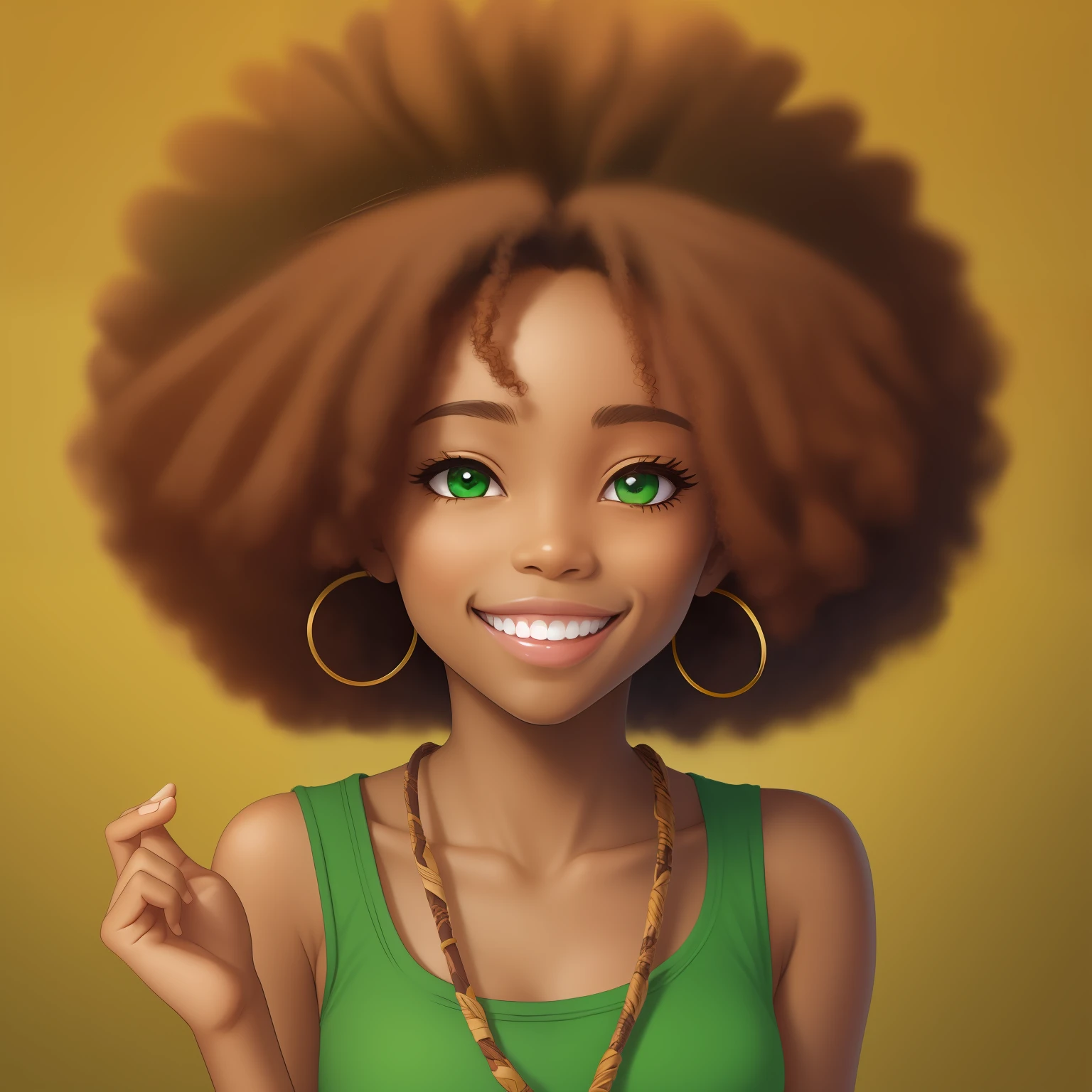 friendly smile, wide smile, warm atmosphere, happiness, forgiveness, peace, cute, 2d girl, dark skin, tied afro hair, anime style, empty background, void, yellow, green, warm colours, pastel colours,