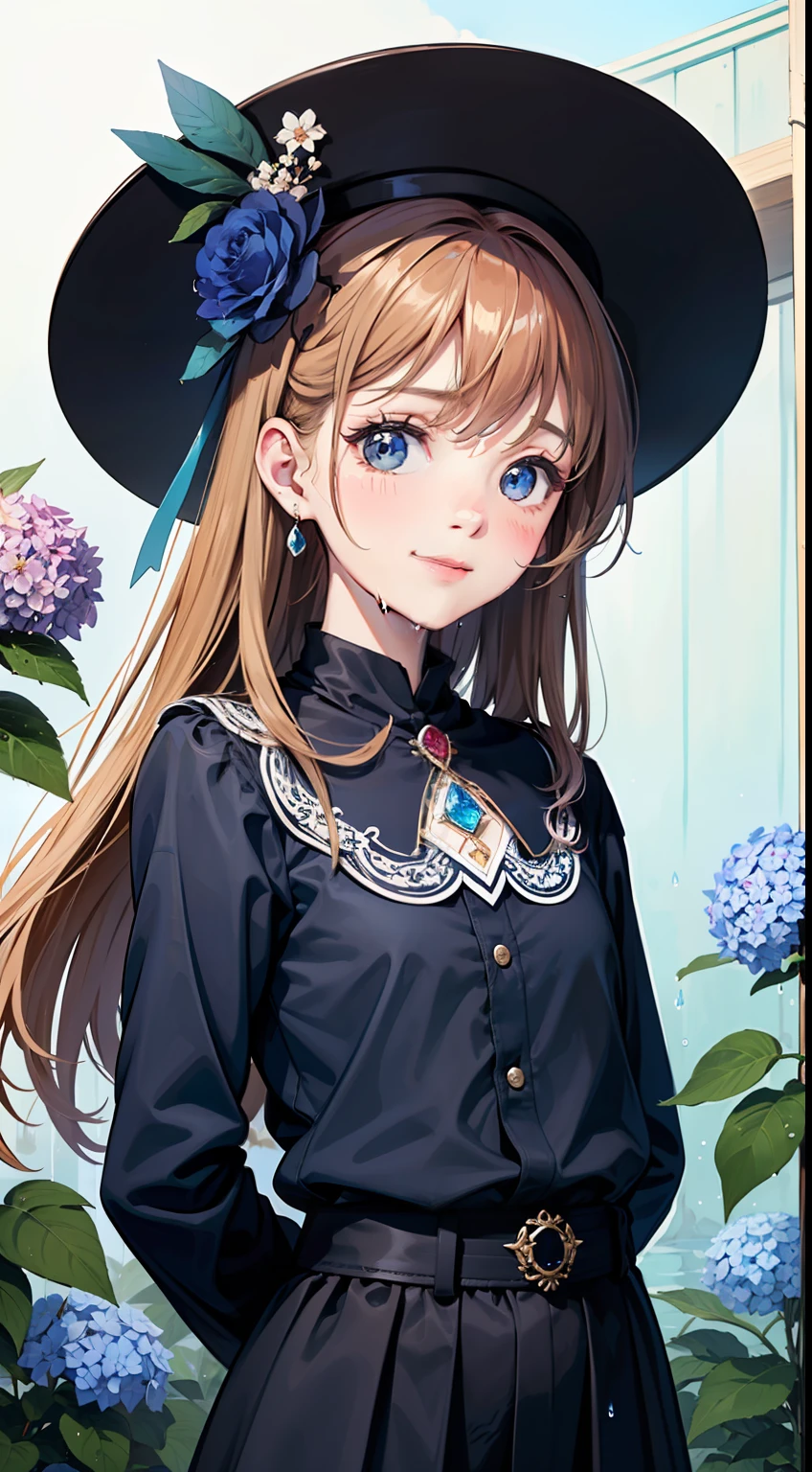 art by Cornflower, dreamy, (1girl, bangs, blue_flower, blue_ribbon, blue_rose, brooch, closed_mouth, flower, gem, hair_between_eyes, hat, hat_flower, hydrangea, jewelry, leaf, long_hair, looking_at_viewer, plant, rain, smile, solo, upper_body, water, water_drop, wet), small hands, hands behind body, arms behind back