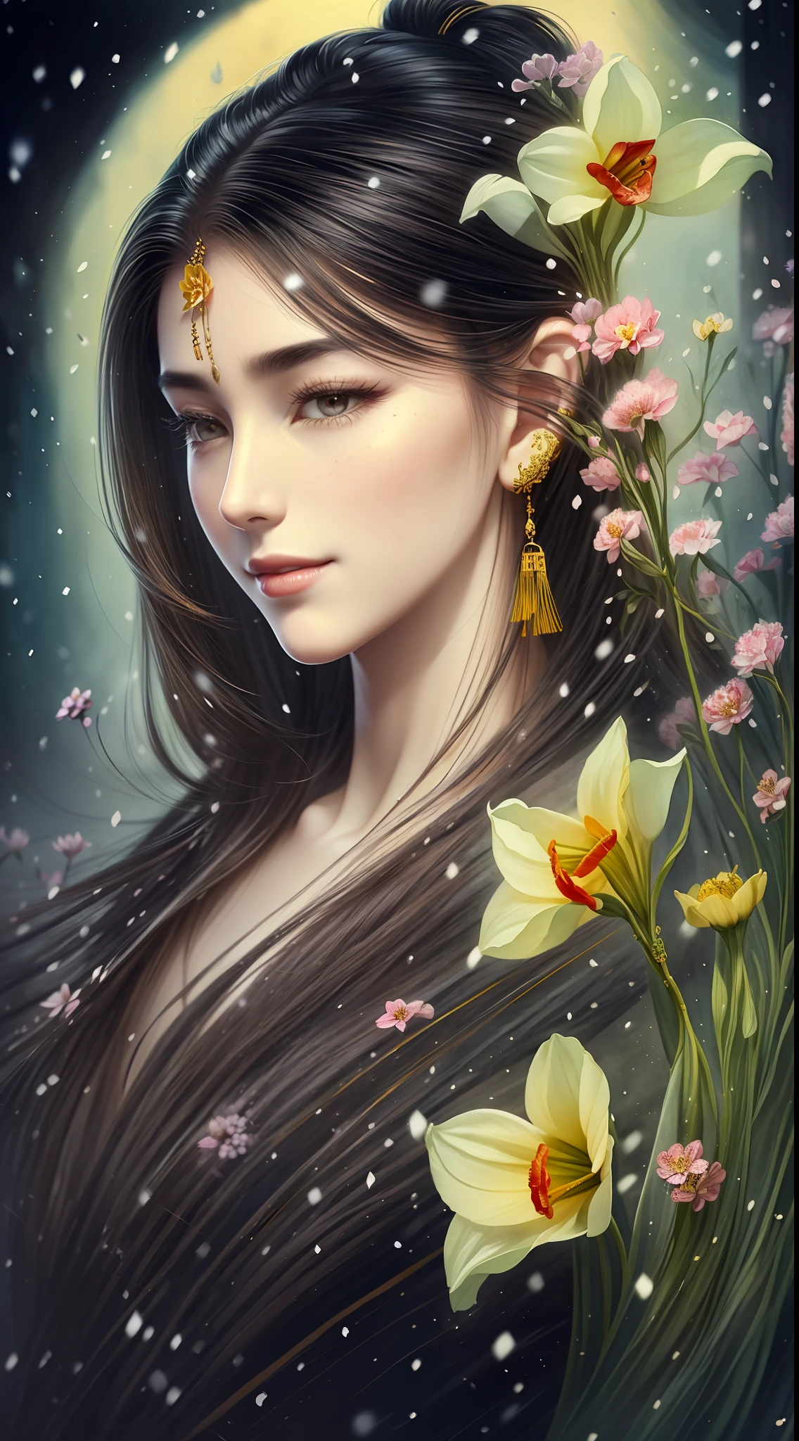 Watercolor, watercolor style, ink, legend, red, crimson, daffodil, foreground, daffodil medium view, daffodil vista, (snow scene), (ancient Chinese big red Hanfu beauty standing in the sea of flowers smiling)), melon seed face, willow leaf eyebrows, cherry small mouth, (black eyes), gentle atmosphere, close-up, perfect facial features, (hair delicately depicted), (delicate facial portrayal), master works, (meticulous depiction of flowers), ultra-fine, high quality, high resolution, perfect composition, ((masterpiece))