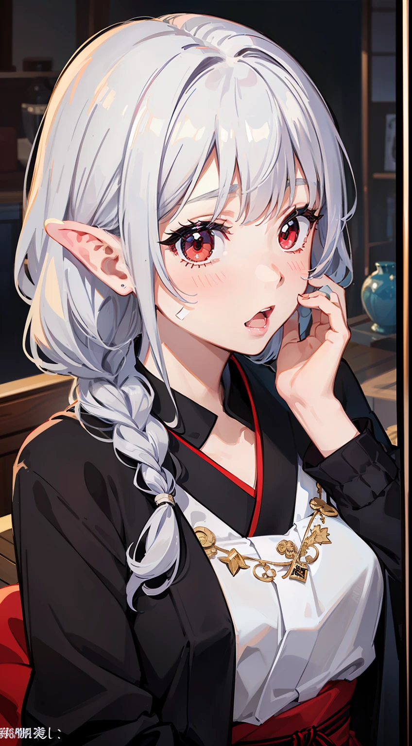 ((Put your hands on your face)), ((Surprised)), (Red Face), 1女の子の接写, elvish, silver brond hair, Red eyes, Braided hair, bob cuts, japanese clothing, Mirror, Gender Change, Concept art, beautiful anime scene, beautiful anime scenery, Max Quality, Obra-prima
