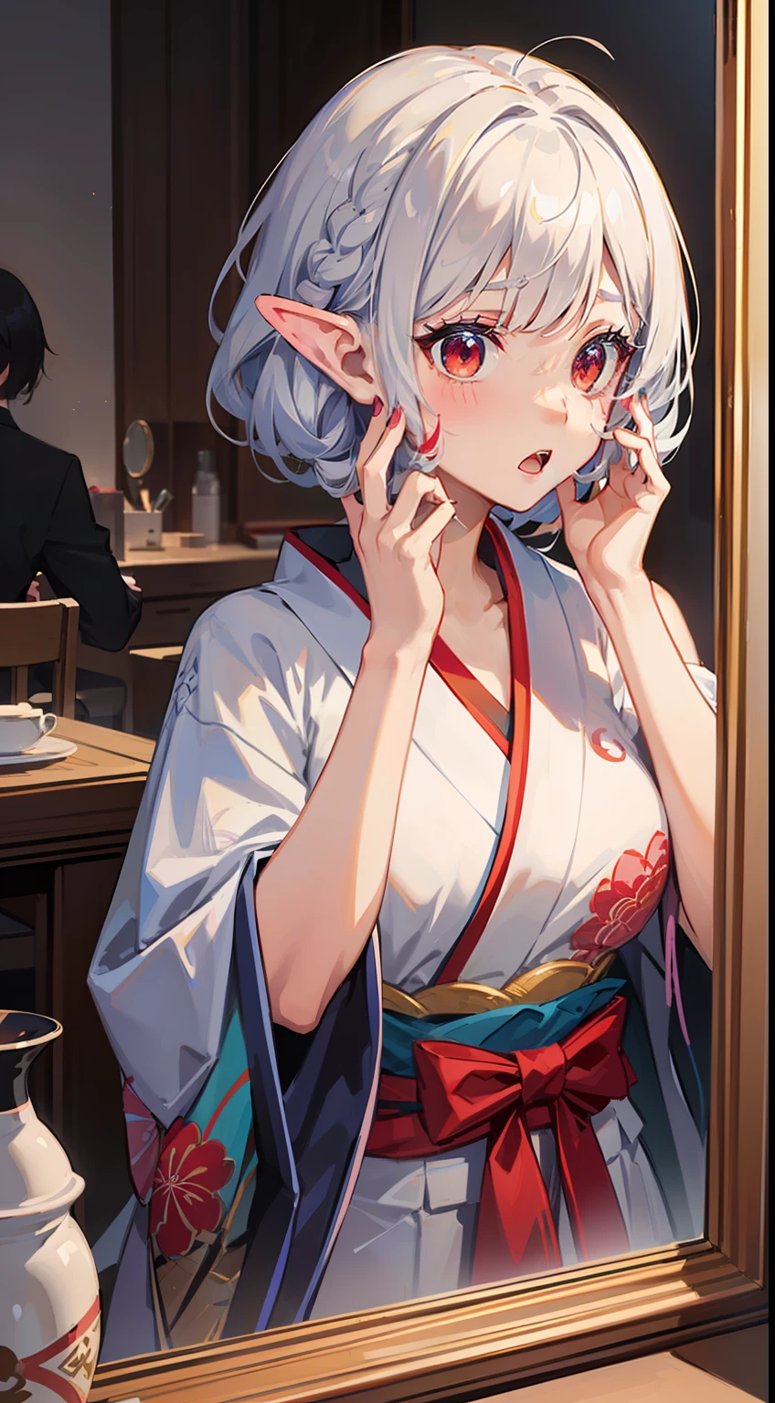 ((Put your hands on your face)), ((Surprised)), (Red Face), 1女の子の接写, elvish, silver brond hair, Red eyes, Braided hair, bob cuts, kimono ,、 ,, Mirror, Gender Change, Concept art, beautiful anime scene, beautiful anime scenery, Max Quality, Obra-prima