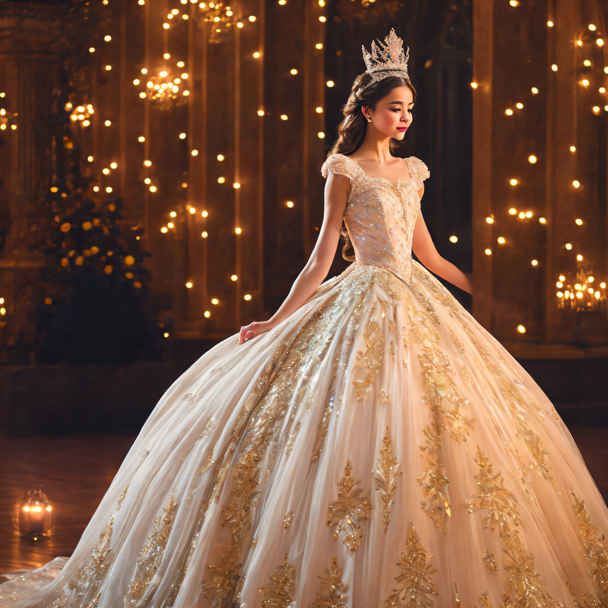 A girl dressed in a princess gown, gracefully gliding across the dance floor in the midst of an enchanted ball. Her gown flows elegantly, adorned with intricate details and shimmering fabrics that catch the light, creating a magical aura around her. The ballroom is filled with an enchanting ambiance, with soft music playing in the background and twinkling lights that give an ethereal glow to the surroundings.