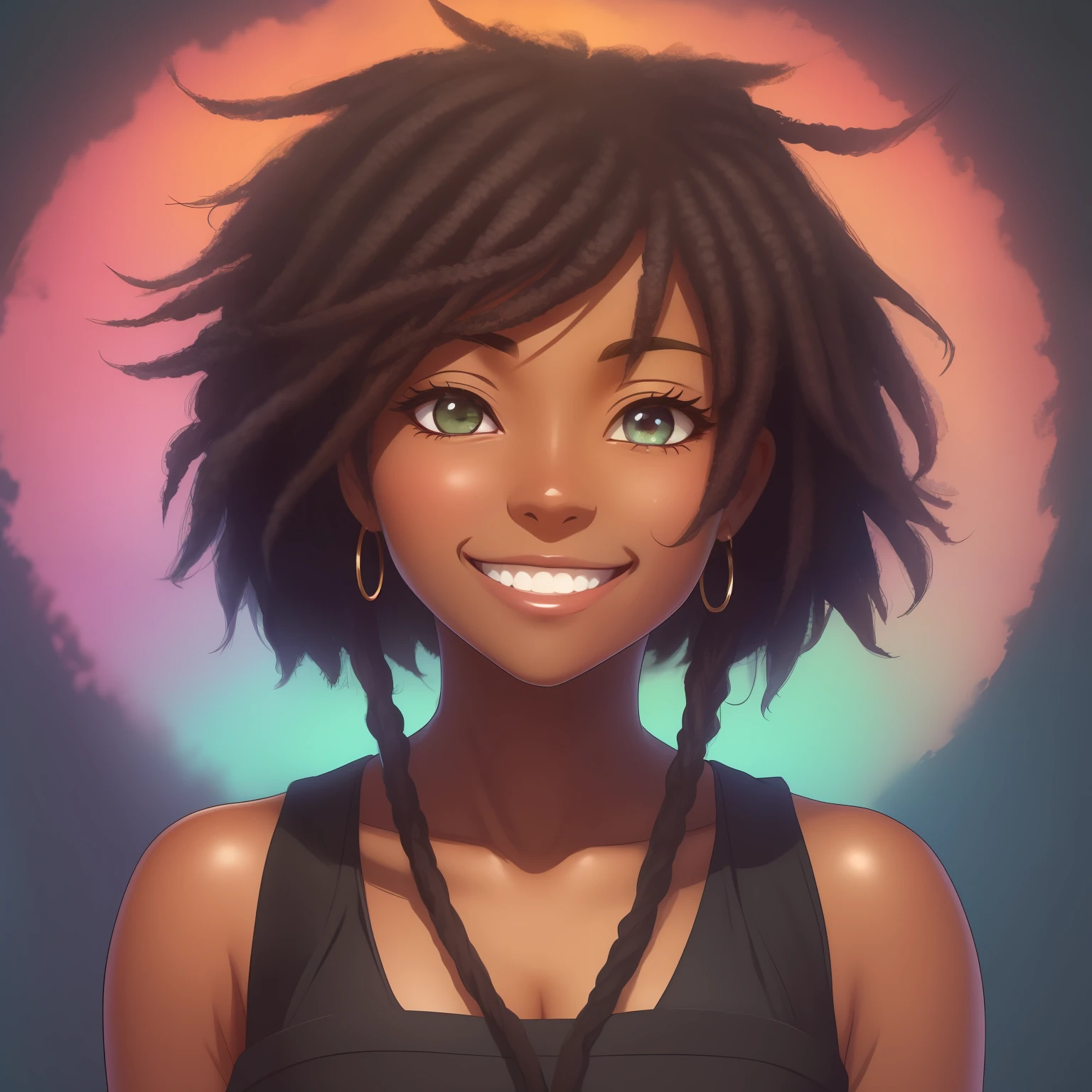 friendly smile, wide smile, warm atmosphere, happiness, forgiveness, cute, 2d girl, dark skin, black dreadlock hair, anime style, empty background, void, warm colours, pastel colours,