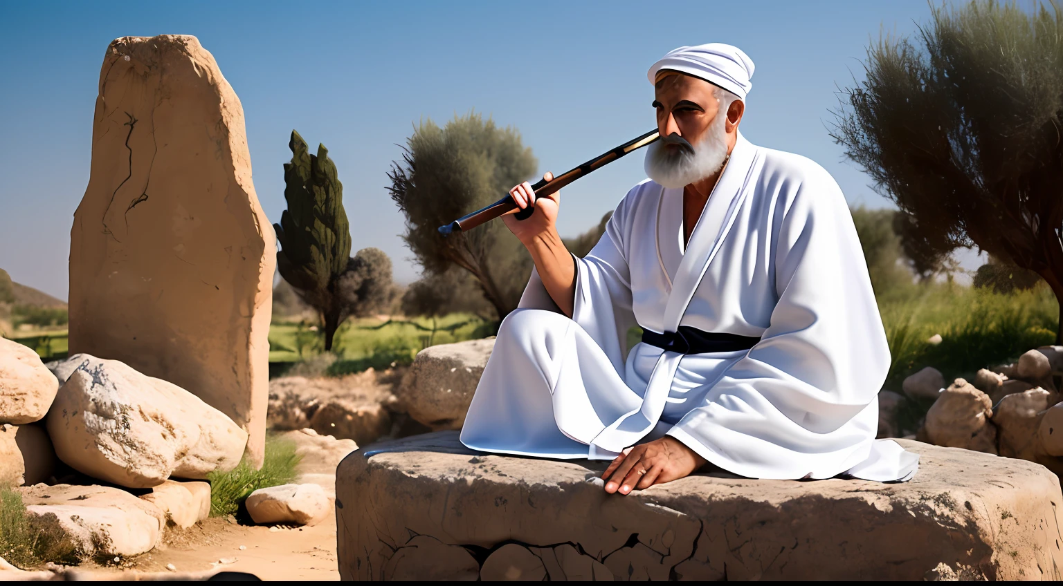 Create a realistic image of a 3 ancient Israeli men in a black beard and white robe with a staff in their hand in the village of ancient Israel with sitting on the stone looking to the side realistically