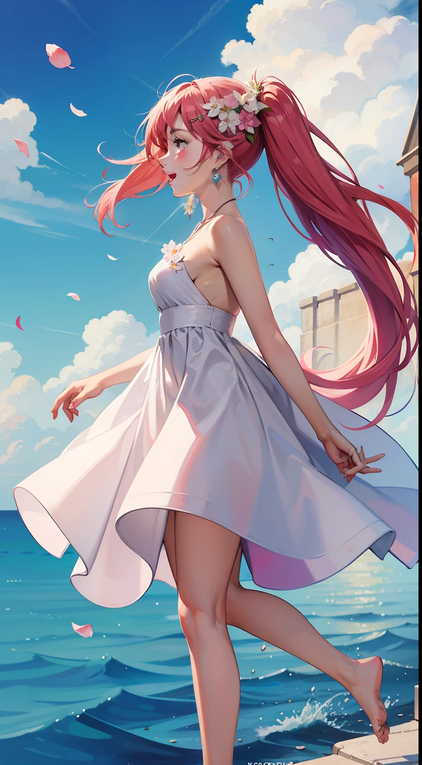 watercolor, masterpiece, best quality, high resolution, 1girl, full body, profile, solo, beautiful face, pink and long hair, earrings, hair ornament, white dress, bow, twintails, open mouth, smile, bare shoulders, medium breasts, flying, bare and bent legs, without shoes, flowers, petals, colorful, gorgeous clouds