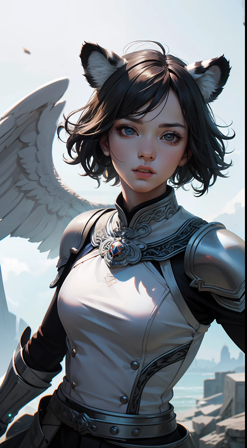 ((masterpiece)),best quality, (((colorful))),( intricate details, chromatic aberration), (medium breath),
Fierce, powerful, brave, heroic, sense of justice
((( short black hair with slight curls, white tiger ears ))), top of head, bloodline
White cloak, silver and white breastplate, black tights, blue wings, magnificent
Blue bead chain, white tiger claw pendant
(((Silver double-edged longsword ))), wave shape, white tiger head carving
White tiger spirit, increased attack power, increased speed
Aura, expression, gaze, light

chromatically , colors , hyper realistic, centralized, Skin texture ,(photo realistic:1.2), detailed eyes, depth of field, symmetry eyes