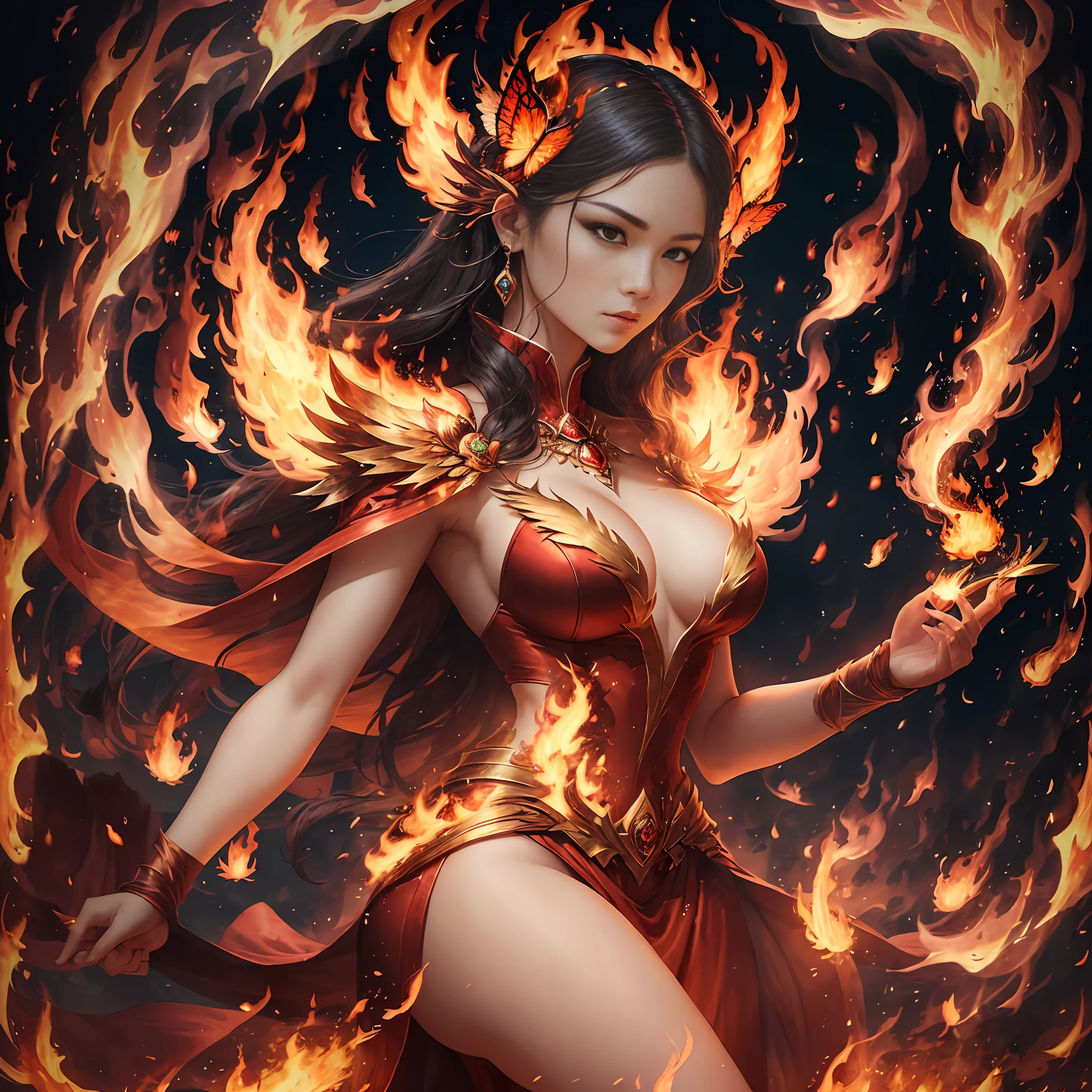 Huaxia wind, a close-up of a woman in a red dress, surrounded by fire, appears as the goddess of fire, goddess of fire, goddess of heat, goddess of fire, goddess of fire butterfly, queen of fire, goddess of lava and fire, goddess of fire, goddess of wrath, goddess of beautiful fantasy, beautiful and elegant demon queen, she has the power of fire, the flames around her body, fantasy