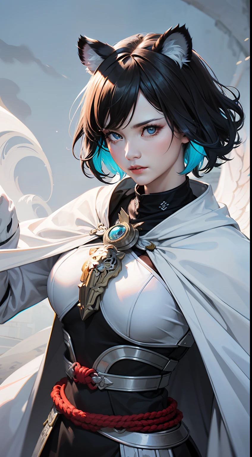 ((masterpiece)),best quality, (((colorful))),( intricate details, chromatic aberration), (medium breath),
Fierce, powerful, brave, heroic, sense of justice
((( short black hair with slight curls, white tiger ears ))), top of head, bloodline
White cloak, silver and white breastplate, black tights, blue wings, magnificent
Blue bead chain, white tiger claw pendant
(((Silver double-edged longsword ))), wave shape, white tiger head carving
White tiger spirit, increased attack power, increased speed
Aura, expression, gaze, light
chromatically , colors , hyper realistic, centralized, Skin texture ,(photo realistic:1.2), detailed eyes, depth of field, symmetry eyes