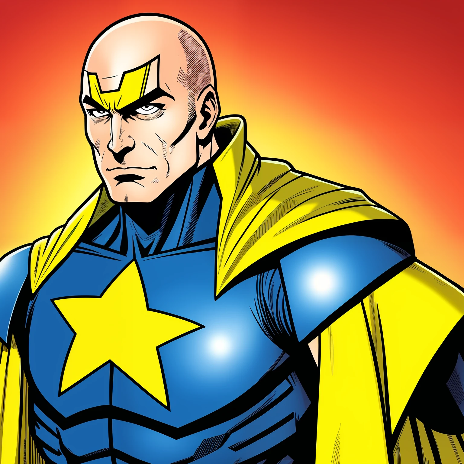 comics super hero,bald male,strong,blue armour suit,yellow cape,yellow star on the chest