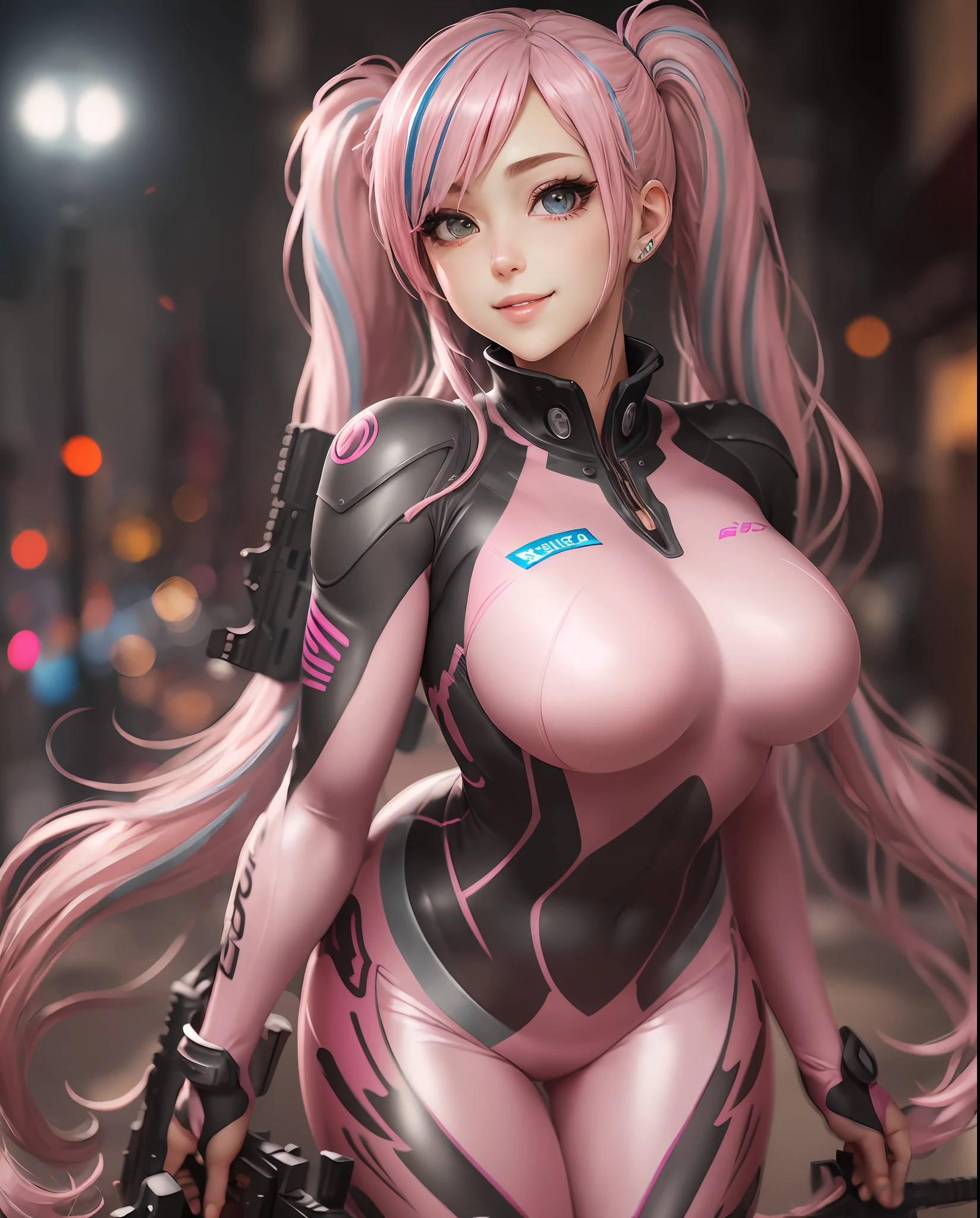 ulzzang-6500-v1.1,(raw photo:1.2),((photorealistic:1.4)),best quality ,masterpiece, illustration, an extremely delicate and beautiful, extremely detailed ,CG ,unity ,8k wallpaper, Amazing, finely detail, official art,extremely detailed CG unity 8k wallpaper,absurdres, incredibly absurdres, huge filesize, ultra-detailed, highres, beautiful detailed girl, extremely detailed eyes and face, beautiful detailed eyes,light on face,cinematic lighting,((extremely pink tight suit clothing)),1girl,full body,full-body shot,looking at viewer,((light pink hair)), red eyes,((bliss)), best detailed background, ((cosplay)), (smile), twintails, ((hold a rifle)),