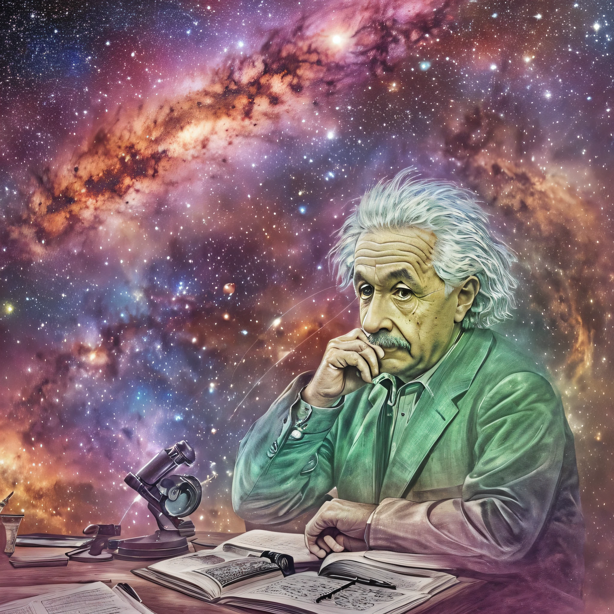 Draw a scene of Albert Einstein sitting in his office, with a telescope by his side, as he watches the stars and imagines the infinite possibilities the universe can hold