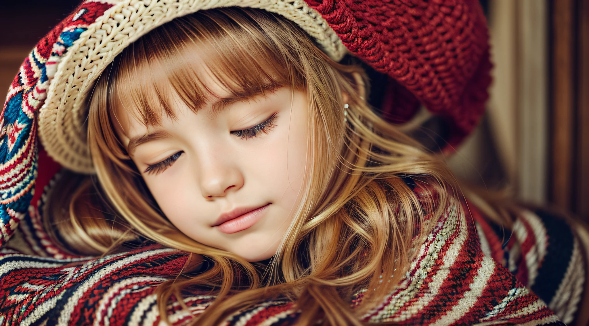 BLONDE CHILD GIRL WITH LONG HAIR WEARING A SCARF AND A HAT, SLEEPY FASHION MODEL FACE, SLEEPY, SLEEPY EXPRESSION, Marisa Kirisame, wearing cute RED scarf, prettier, sleeping, sick with a cold, Lalisa Manobal, Misa Amane*, very tired woman, sleeping, Takeyuki Kanda, Lalisa Manoban of blackpink