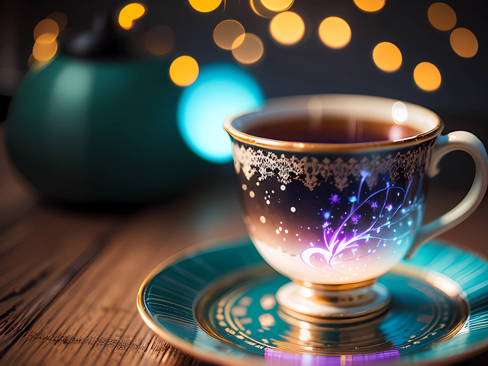 cinematic shot of a tea cup in bokeh effect, Bioluminescence art on the cup --auto --s2