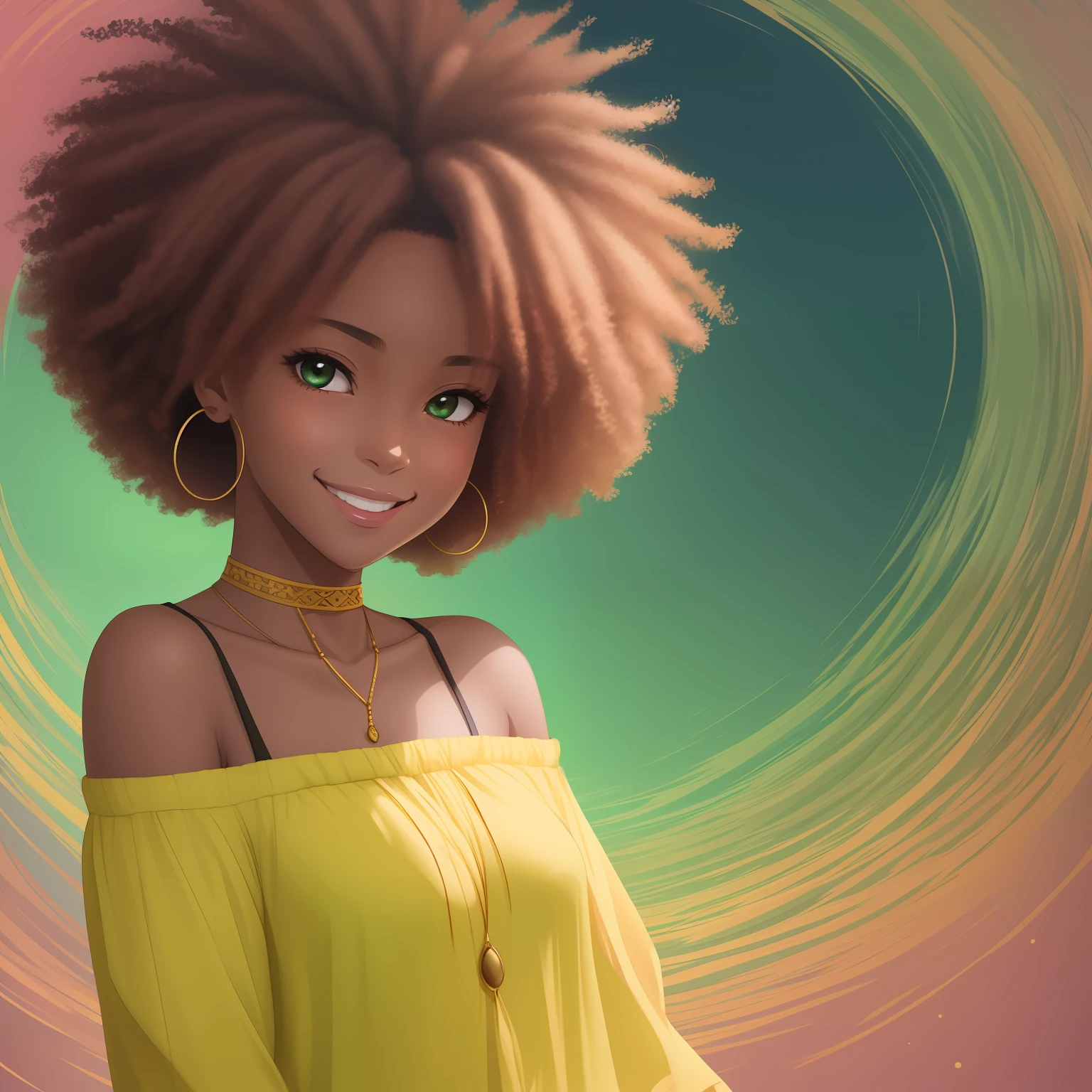 "Radiant and friendly smile, portraying a warm and inviting atmosphere in a cute and peaceful 2D girl with dark skin, tied afro hair, and an anime-style. The character stands against an empty background, symbolizing serenity and a void atmosphere, adorned with a vibrant palette of yellow, green, and gentle pastel colors."