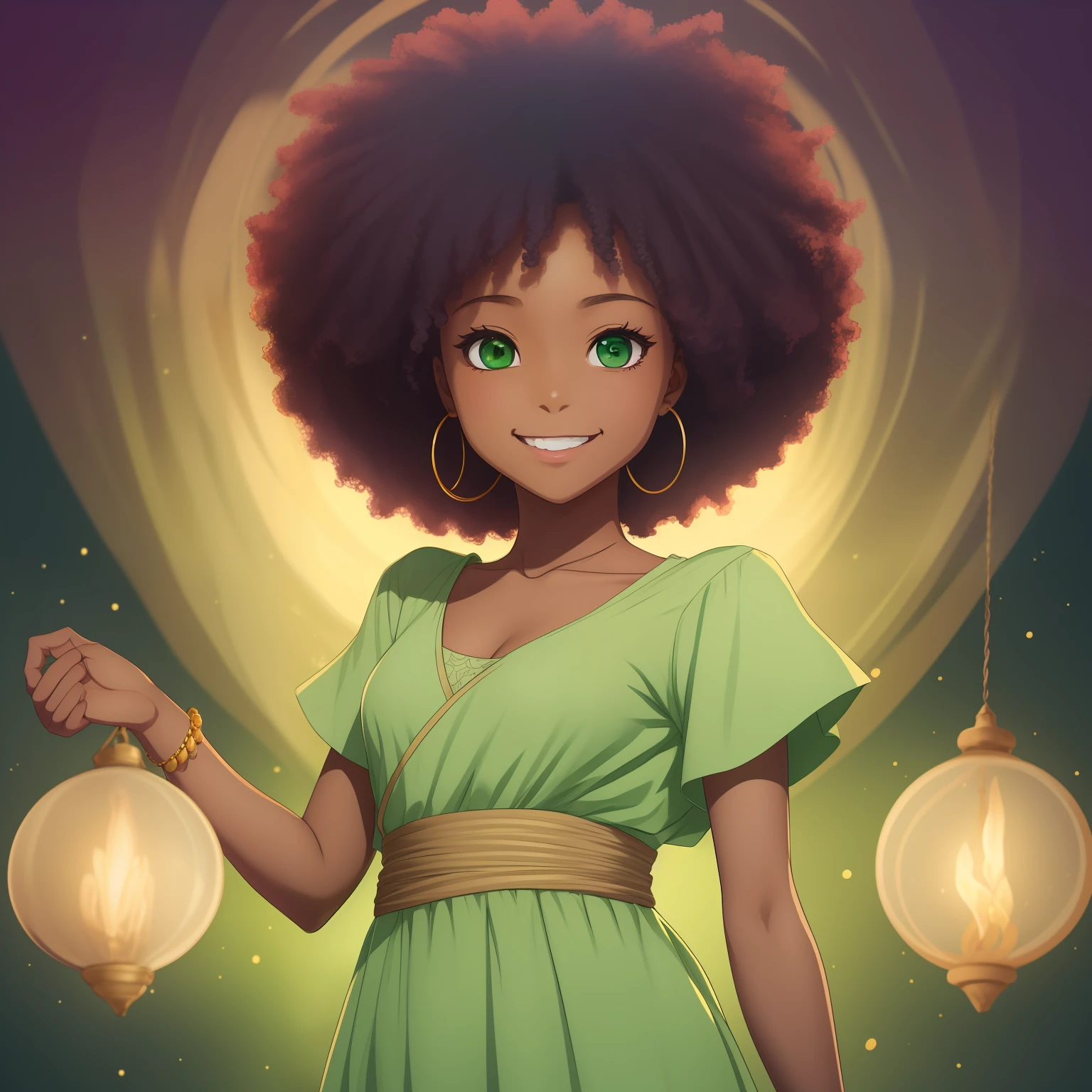 "Radiant and friendly smile, portraying a warm and inviting atmosphere in a cute and peaceful 2D girl with dark skin, tied afro hair, and an anime-style. The character stands against an empty background, symbolizing serenity and a void atmosphere, adorned with a vibrant palette of yellow, green, and gentle pastel colors."