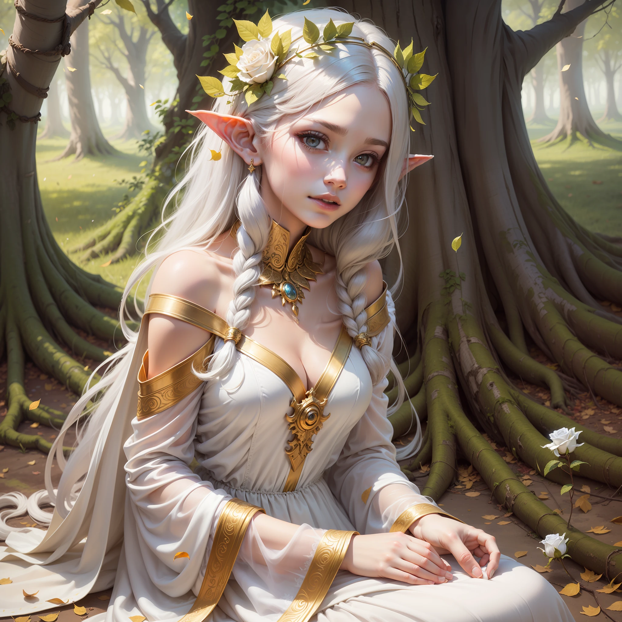 A Divinity, The purest form of Beauty, A Holiness. A gentle Goddess, White Eyes, long white hair, soft lips, white dress with rose petals, 1girl, Elf Ears, Adult Face, Mature Face. Sitting below a tree with golden leaves, 5 fingers, Magical Environment, Spirits of Light and Magic around you