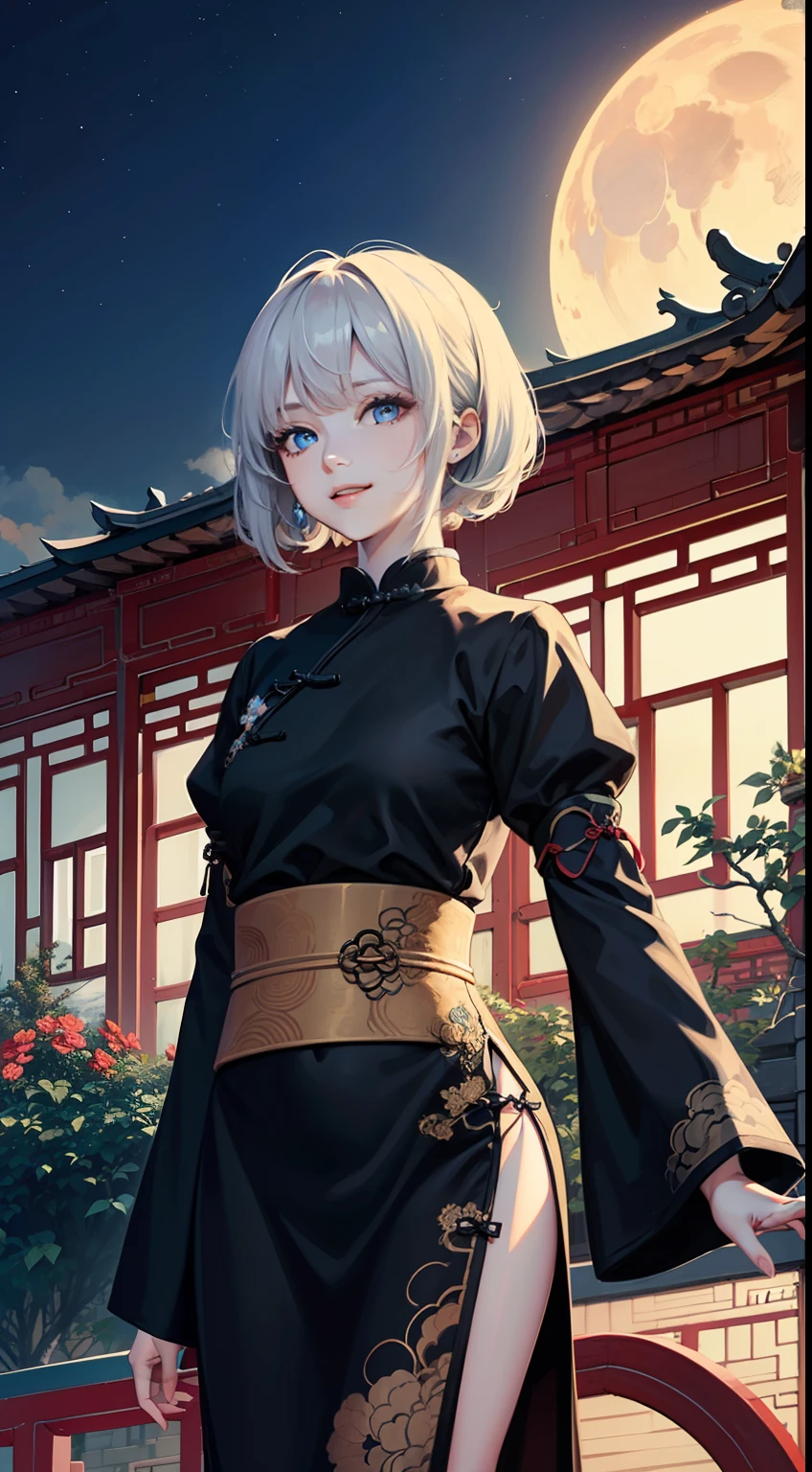 (((Chinese style architecture:1.3))), (((Chinese elements:1.2))),
Illustrations, beauty, HD, 8k, 
1girl, moon, flower, solo, sky, dress, cloud, night, crescent moon, outdoors, black dress, white hair, blue eyes, jewelry, petals, long sleeves, cloudy sky, night sky, medium hair, field, parted lips, short hair, building, necklace, bangs, smile, puffy sleeves, standing, flower field, looking at viewer, wind, blue flower, from below

 masterpiece, best quality,