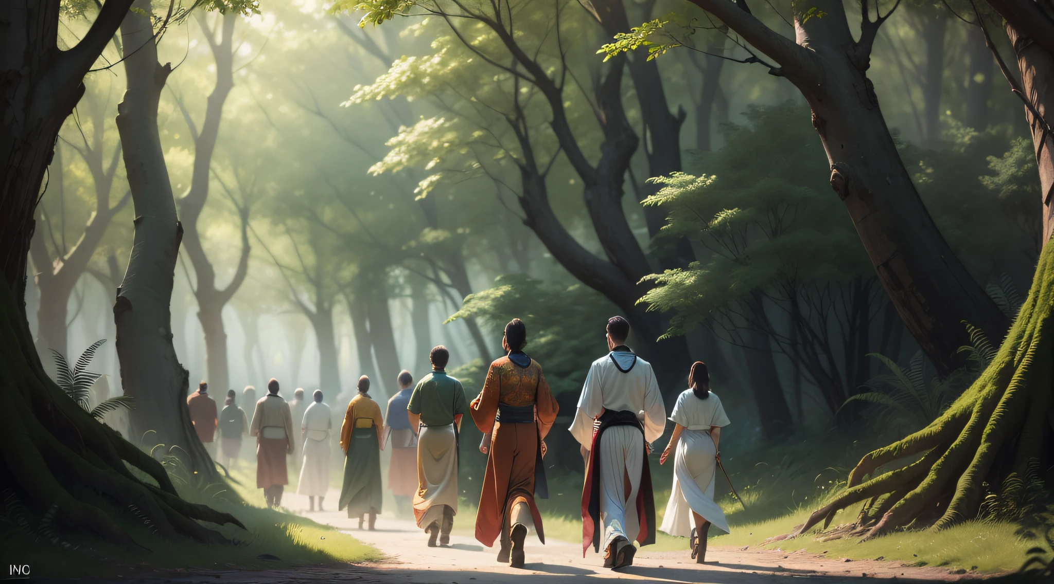Drawing, ultra realistic, 8k, extremely detailed, in the best quality, a group of people, oriental, in a forest.