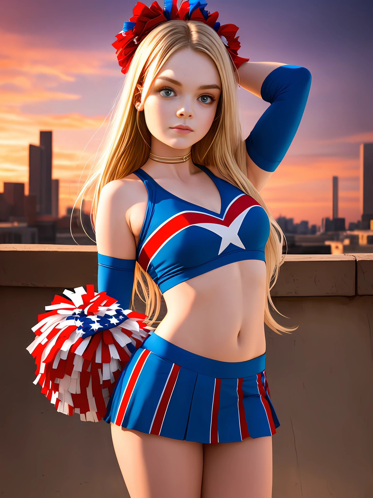 a cute full body photo Elle Fanning, conservative cheerleading outfit, american flag theme, 4th of July theme, american independence day, sunset, style of (Steve McCurry), Nikon Z FX device, EF 70mm lens, cinematic lighting, long exposure style, long shot type, vibrant color scene, realistic photo, intricate, beautiful face, ultra detailed face, perfect body, full body, perfect, realistic, highly detailed, Art Station, trendy, realistic face, realistic skin, detailed eyes, great art, render ultra realistic n-9, 4K, 8K, 16K, 20K, HDR, UHD, 64K, perfect luminance, hyper realistic, symmetrical face, Bokeh, high resolution scanning, professional photography