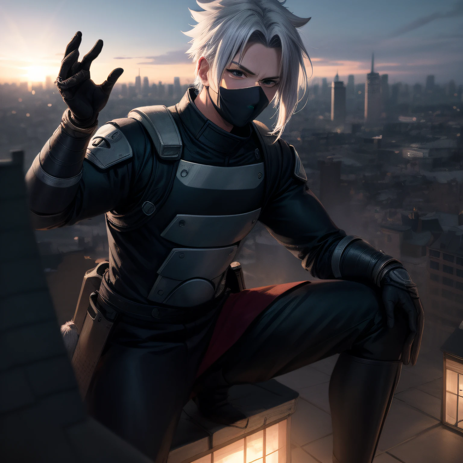 A highly detailed image of kakashi atop a chimney, admiring the city's hazy and mysterious skyline