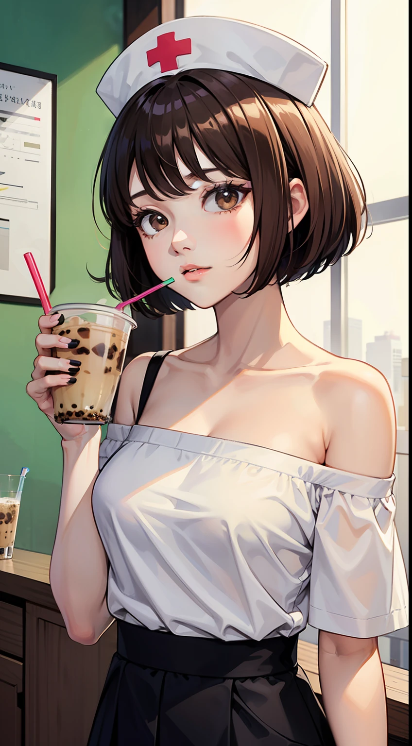 1girl, breasts, drinking_straw,, brown_hair, short_hair, solo, disposable_cup, bubble_tea, cup, drinking, bubble_tea_challenge, photo_\(medium\), brown_eyes, looking_at_viewer, bob_cut, off_shoulder, drink, nurse, upper_body, hat