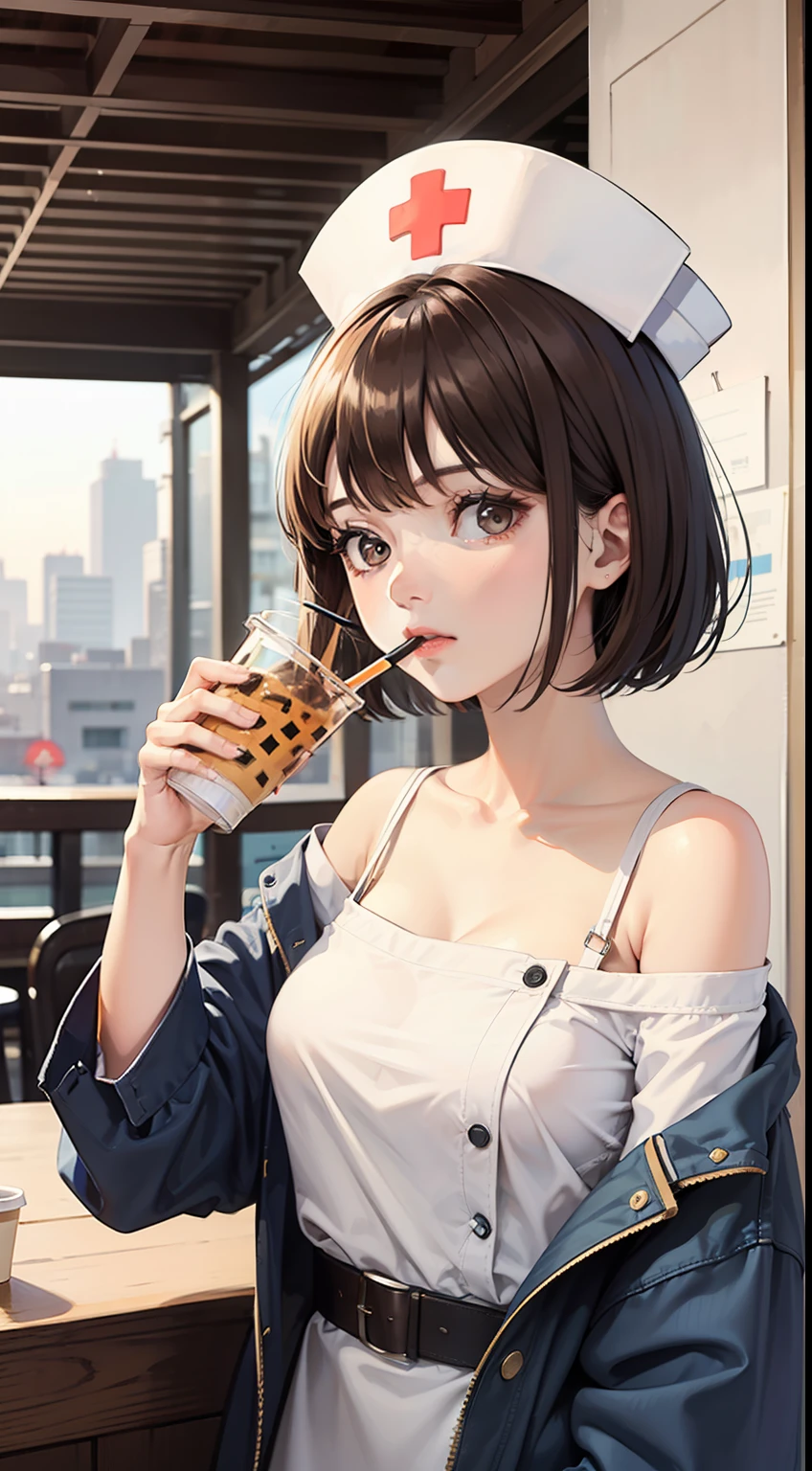 1girl, breasts, drinking_straw,, brown_hair, short_hair, solo, disposable_cup, bubble_tea, cup, drinking, bubble_tea_challenge, photo_\(medium\), brown_eyes, looking_at_viewer, bob_cut, off_shoulder, drink, nurse, upper_body, hat