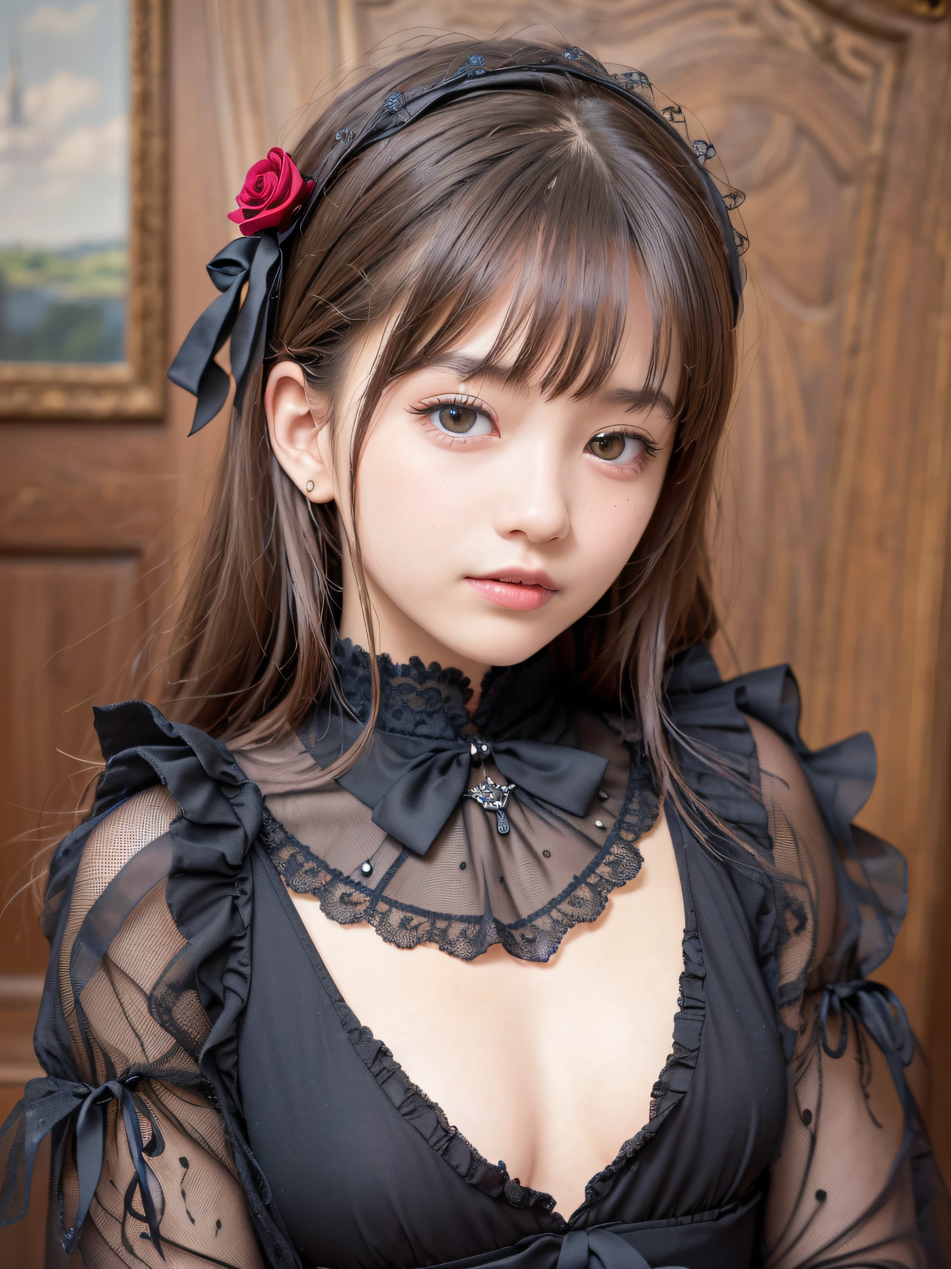 1 nogizaka girl, utterly cute, bishojo, ((15yo)), (gothic lolita fashion), an exquisitely detailed and beautiful face and eyes and skin, detailed black shine hair, elegant frills, frilled tie, ribbon tie, rose hair accessory, smile at the camera, cowboy shot, (the picturesque landscape of european castles), professional lighting, (realistic, photo-realistic:1.37), 8k, (masterpiece), (best quality:1.4), (ultra high res:1.2), (RAW photo:1.2), (a dress with delicate lace, soft fabric, and a beautiful rose pattern), perfect anatomy, 4fingers and 1thumbs, ultra detailed background, (unity 8k wallpaper)