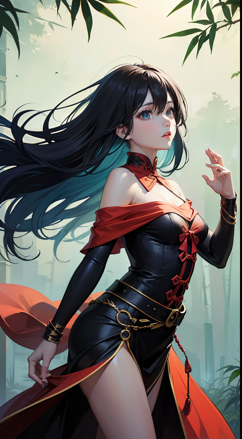 (A female knight in the depths of the bamboo forest: 16.8), background (giant bamboo forest: 5.8), (bamboo leaves: 3.8), (elegant: 2.8), (gale: 3.6), (giant bamboo: 3.8), (Chinese Kung Fu: 3.6), (solo: 4.9), (aestheticization of violence: 2.9), (front: 1.6), (symmetrical art: 3.6), (dark green bamboo forest: 6.8), (master color matching: 2.8), (ink painting: 3.6), (Chinese style: 5.6), (Martial Arts Style: 3.6), (Above Thigh: 2.2), 1 female Xia (Off Shoulder Shirt, Swordsman, Medium Chest, Breast Grooves, Rainbow Clothes, Classical, Martial Arts, Beautiful, Looking at the Audience, Big Water Eyes, Warrior, Elegant, Dynamic Tracking, Good Figure, Colorful Hair, Cool, Sexy, Hair Style, Cool, Atmosphere, Belt, Jade, Pendant, Colorful Clothing, Bracelet, Hair Rope, Belt, Cold Expression, Elegant, Proud), (Samurai: 2.9), (sexy: 1.8), (medium close-up: 2.8), (Tindal phenomenon: 2.6), lines, beauty and aesthetics, ((sunlight)), (dark green), (color), the most beautiful chaotic form, elegance, fauvism design, vivid color, romanticism, atmosphere, (fractal art: 1.8), (master color matching: 5.4), (symmetry: 1.6), (fog: 3.5) (splash), (splash), Vertical painting, upper body, gradient, highest image quality, highest quality, masterpiece, solo, depth of field, colorful clothes, (elegant: 1.2), gorgeous, (wind: 1.8), (elegant: 1.6), (fauvism: 2.4), ((master masterpiece)), (best quality), (super detail), (illustration), (dynamic angle), (floating), (painting), (colored hair), 16K, (striped hair), Beautiful and delicate eyes (gradient eyes),
动漫机械魔法style-rustmagic 流水realcumAI 美女现实ulzzang-6500-v1.1 魔幻style-sylvamagic 表情happy512