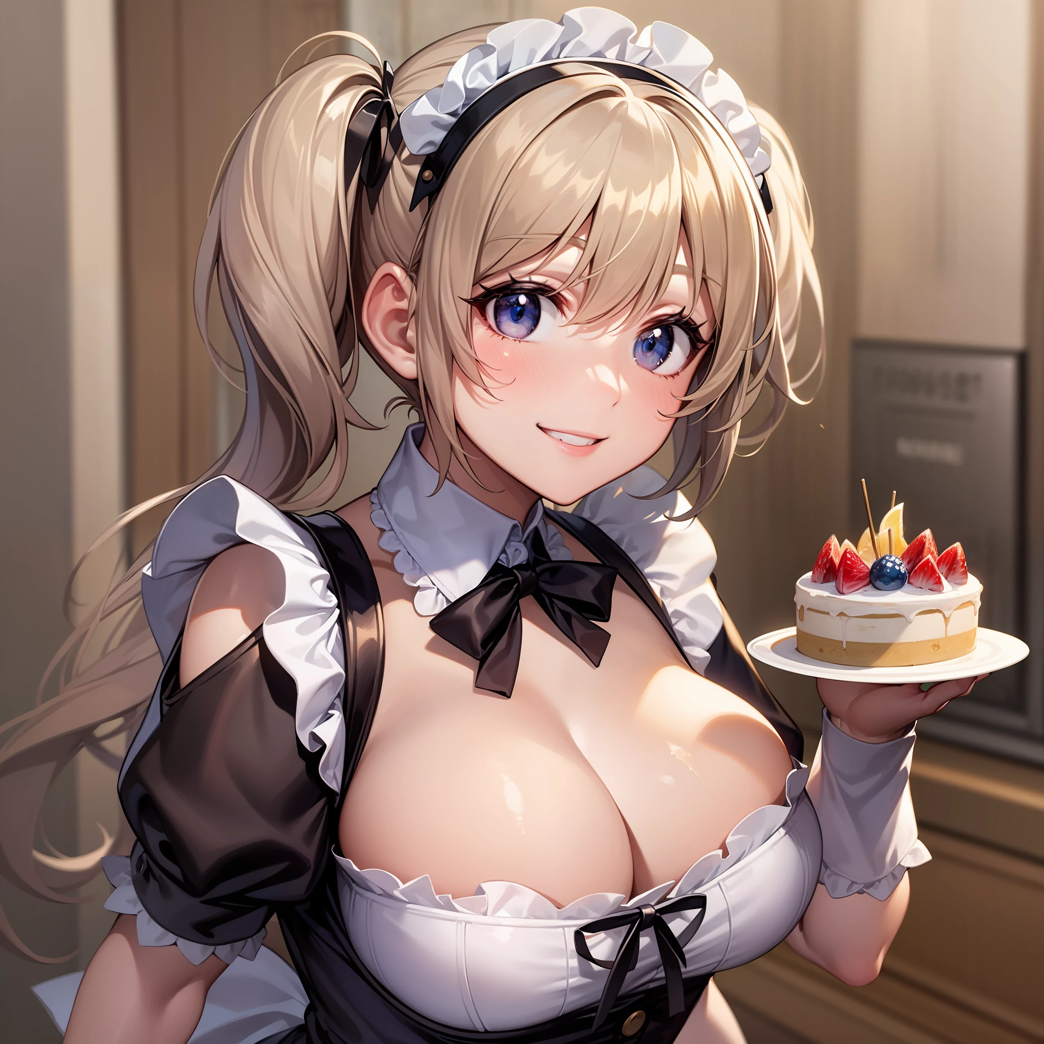 Top quality, maid, cake, twin tails, big breasts, smile