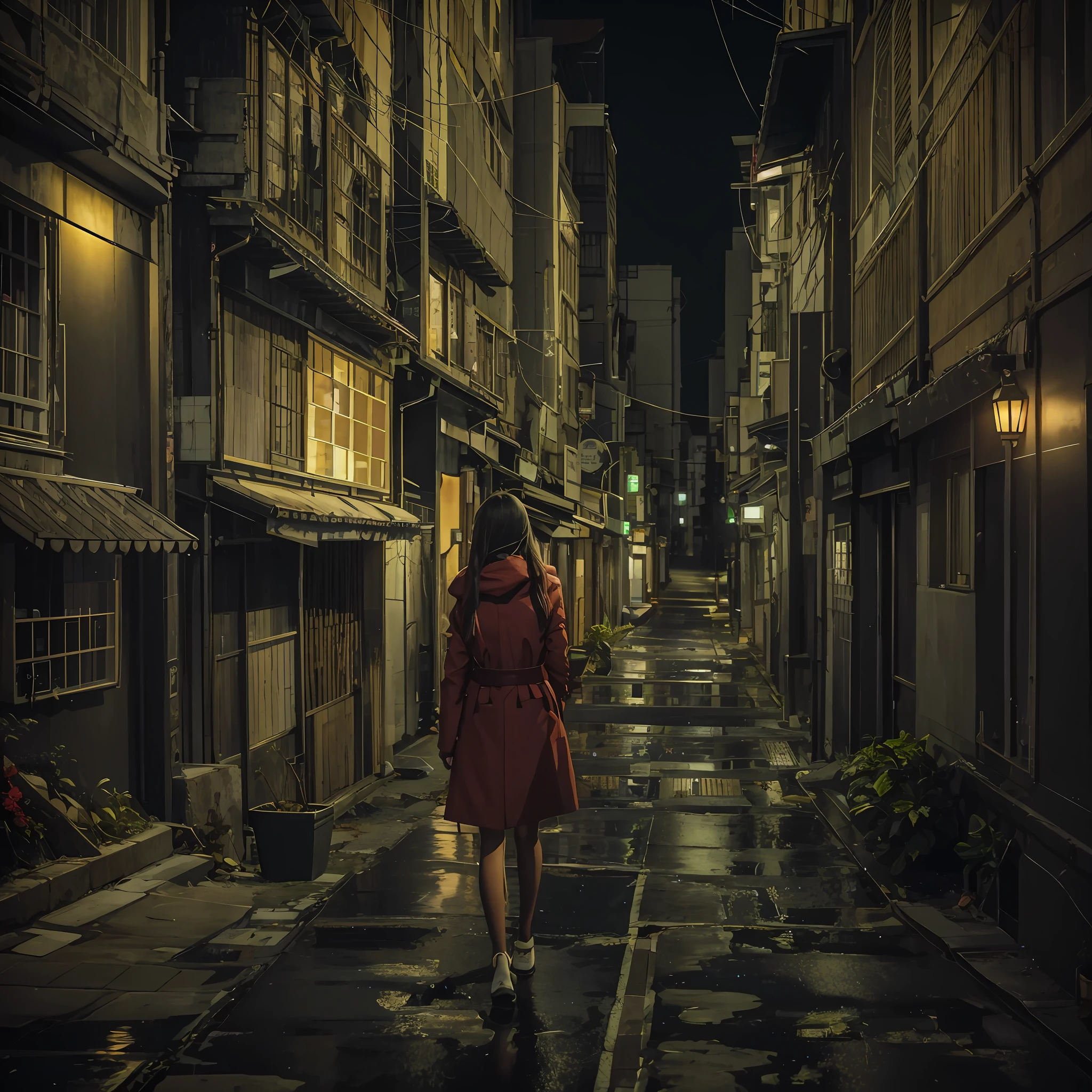 arafed woman in a red coat walking down a dark alley, gothic city streets behind her, in a dark alley, standing in a dark alleyway, in a japanese town at night, girl, wandering in the city, cyberpunk streets in japan, mysterious girl, ancient city streets behind her, standing in the streets, mysterious woman, standing in an alleyway