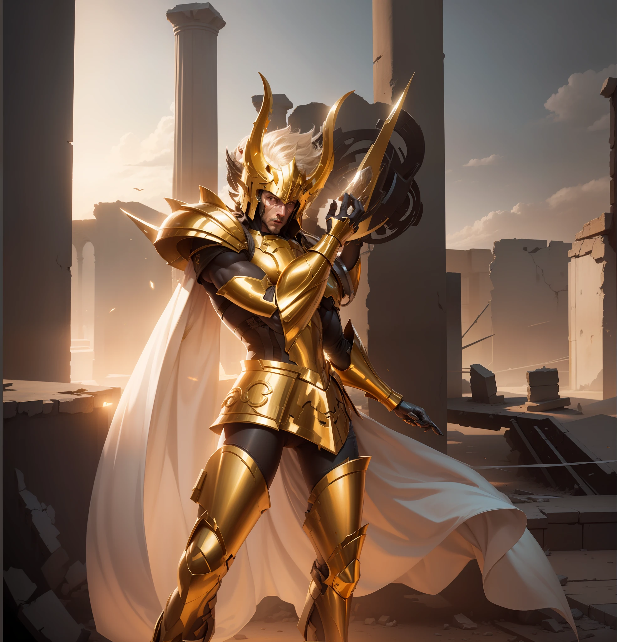 1 man, real skin, golden armor, Realistic art, 16K, detailed, cinematic, illuminated environment in the ruins of Greece