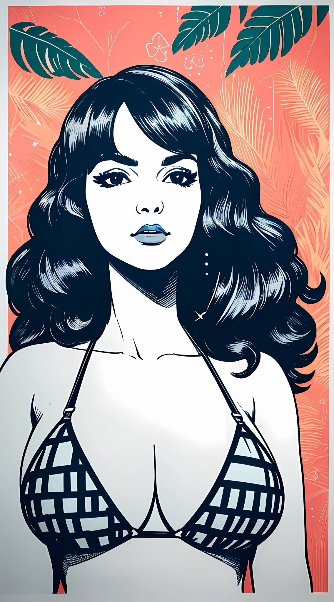 (masterpiece, best quality), beautiful woman, wavy hair, assymetrical bangs, printed micro bikini, perfect face, beautiful face, alluring, big gorgeous eyes, huge breasts, soft smile, perfect slim fit body, beachside, (outdoor), tropical island, bright colors, risograph