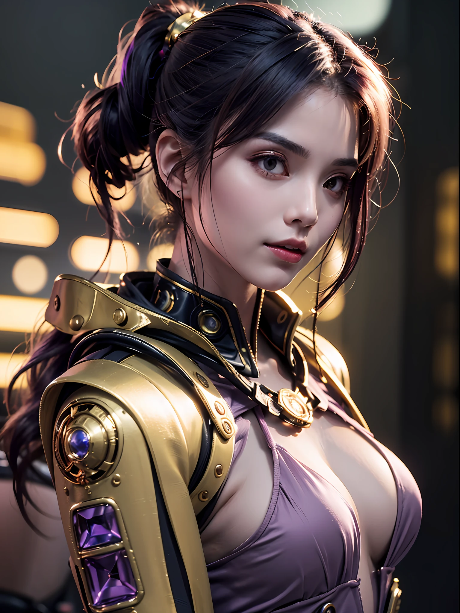 Masterpiece, high detail, art trend, lifelike, detailed face, photo of female, cyberpunk private investigator, brown and purple hair, light armor, golden mech, blade runner city, new lights, amei, during the day. RAW, Canon r6, Master Plan, Sharp, Background Blur, Rule of Thirds, Dramatic Lighting, Shadows