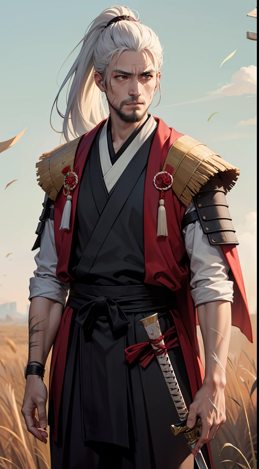 Broken sword, famale_focus, weapon, vicissitudes samurai in reed ground, beard, high ponytail, white hair, holding_sword, samurai sword, solo, holding_weapon, reed ground background, muscular, covered in scars