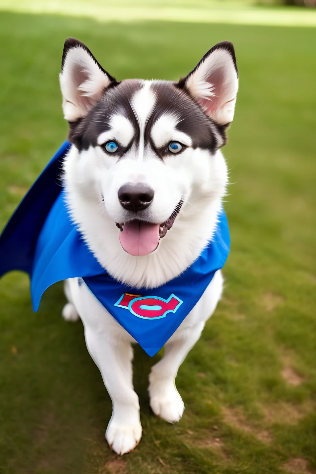 A husky dog with beautiful blue eyes, glasses and flying cape