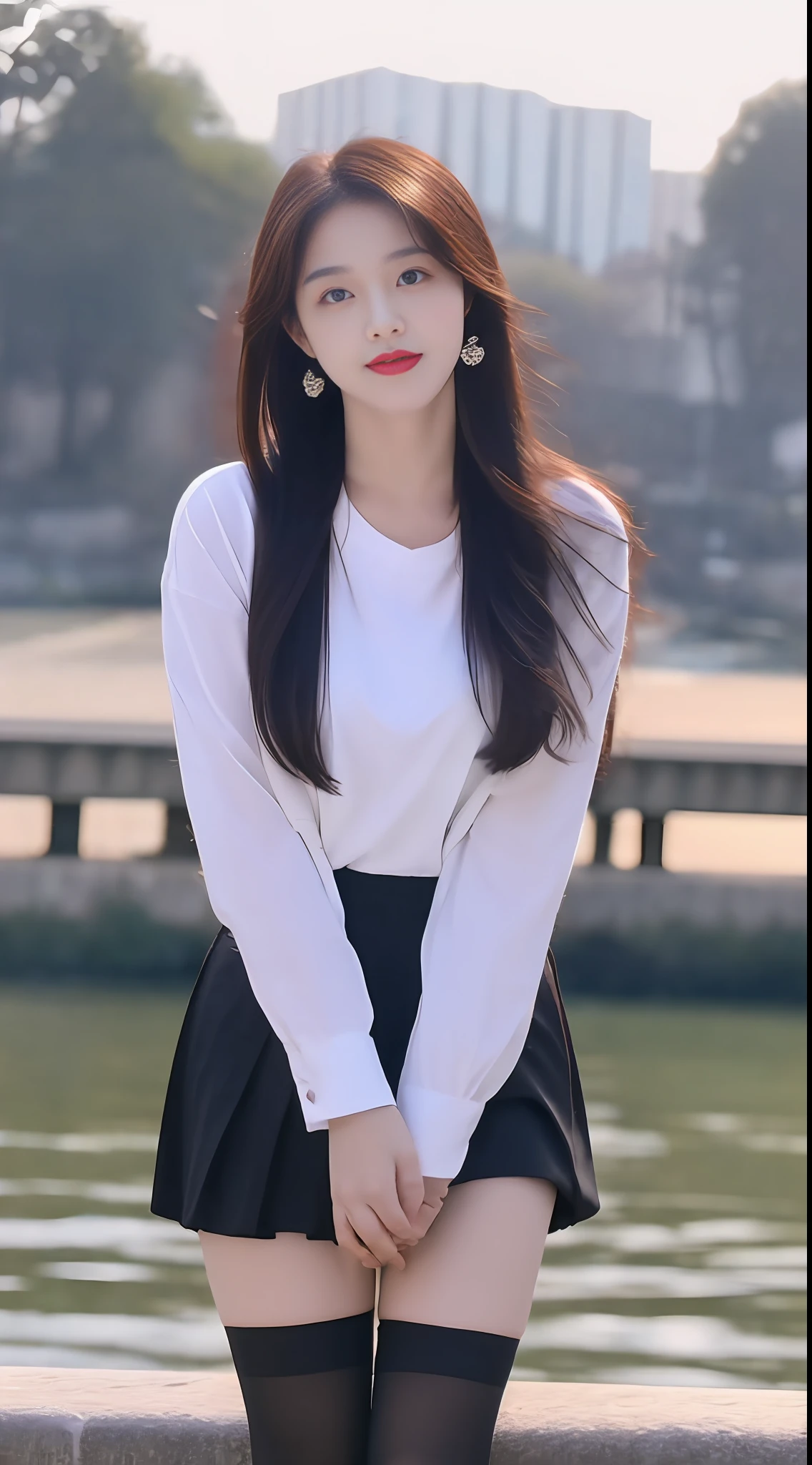 (A Chinese college student with pure lust 1.5), ((best quality, 8k, master masterpiece: 1.3)), (slim body: 1.3), focus: 1.2, perfect beauty: 1.4, (sweet smile: 1.2), (pure desire 1.5) highly detailed face and skin texture, detailed eyes, double eyelids, whitening skin, (fiery red lips: 1.5), (full body photo 1.8) (black long hair 1.4) slender legs, white shirt, black skirt, black stockings, delicate facial features, high nose bridge, big eyes, wearing earrings, standing on a bridge by the river