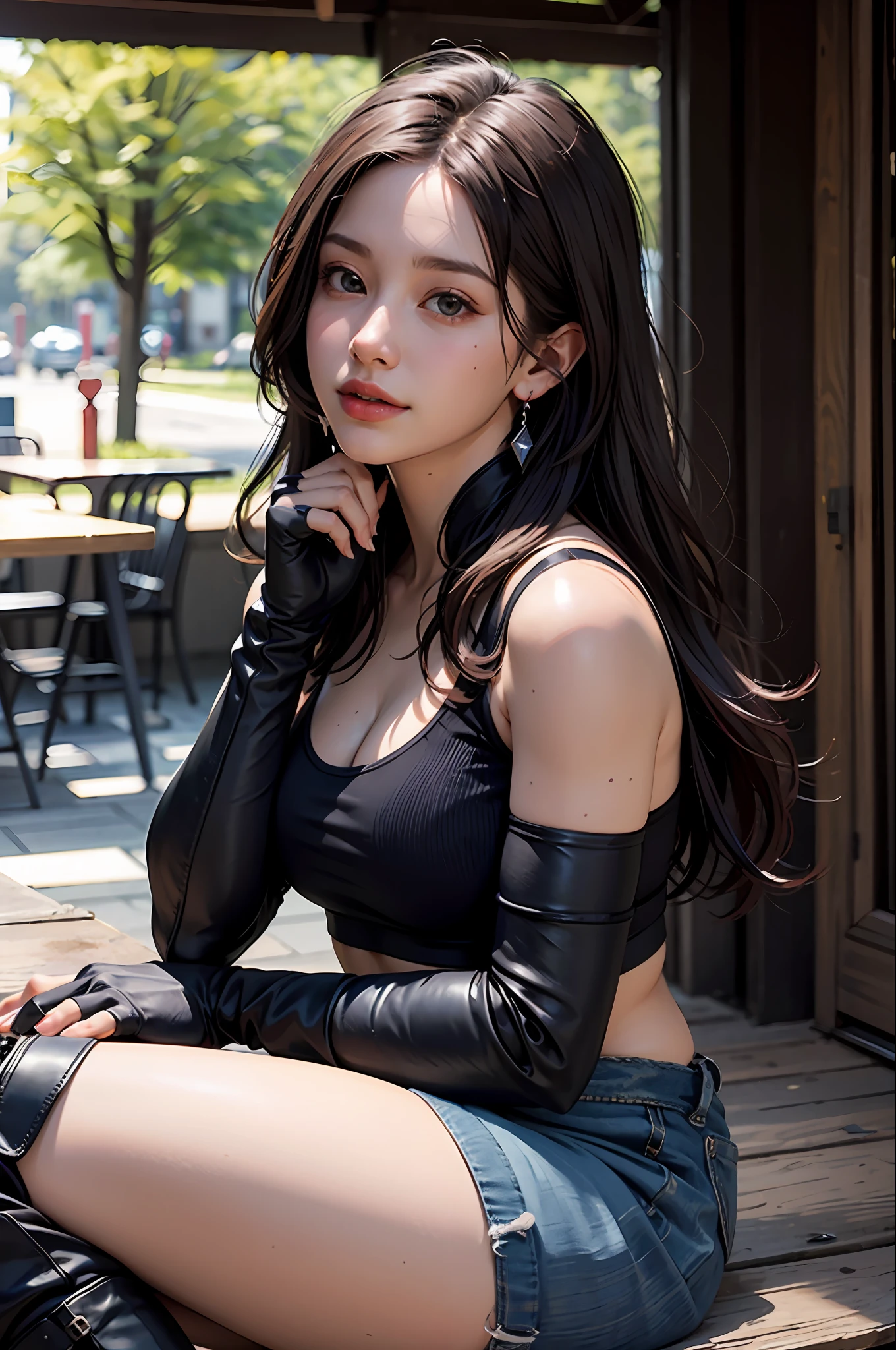 (8K, Top Quality, Masterpiece: 1.2), (Realistic, Photorealistic: 1.37), Ultra HD, Final Fantasy VII Remake's Tifa Lockhart sitting on a date in a highly detailed café in a cityscape A detailed portrait with beautiful detailed eyes and a blushing nose that makes you look cute and solo. She wears single elbow pads, ankle boots, a black skirt, black thigh-highs, red boots, and elbow gloves, elbow pads, and fingerless gloves. Her outfit includes a sports bra, suspender skirt, thigh highs, and a white tank top. The full body is visible with the head resting on the hand, revealing a pretty face, long hair tied low, and lips. The scene is lit with professional lighting, photon mapping and radiosity, creating a cyberfuturistic atmosphere in the style of Tetsuya Nomura. The background features yellow flowers and a bokeh effect. Tifa smiled a little and closed her mouth.