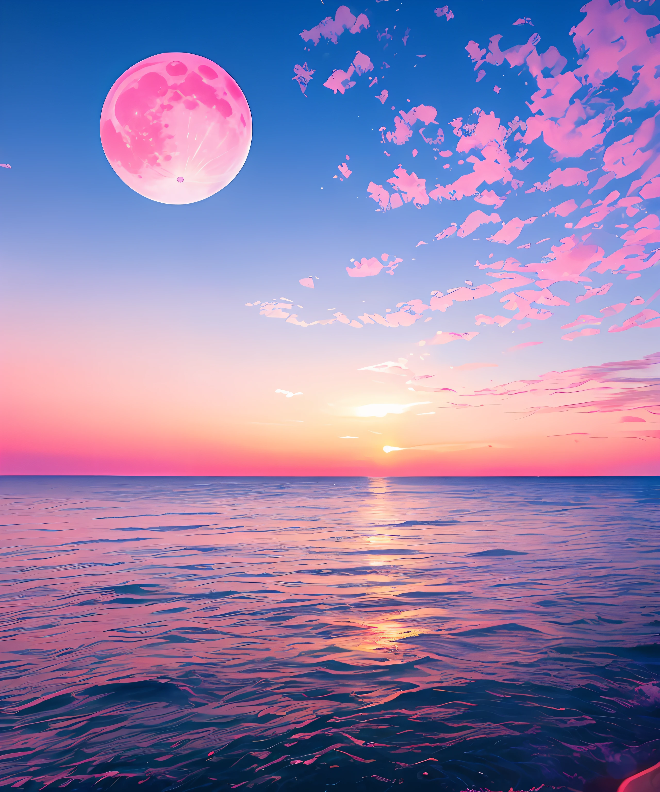 Pink moon, pink sky, pale pink clouds, sparkling, sparkling pink ocean waves, pink roses on pink ocean, fantasy, diamond, crown, universe, soft light,