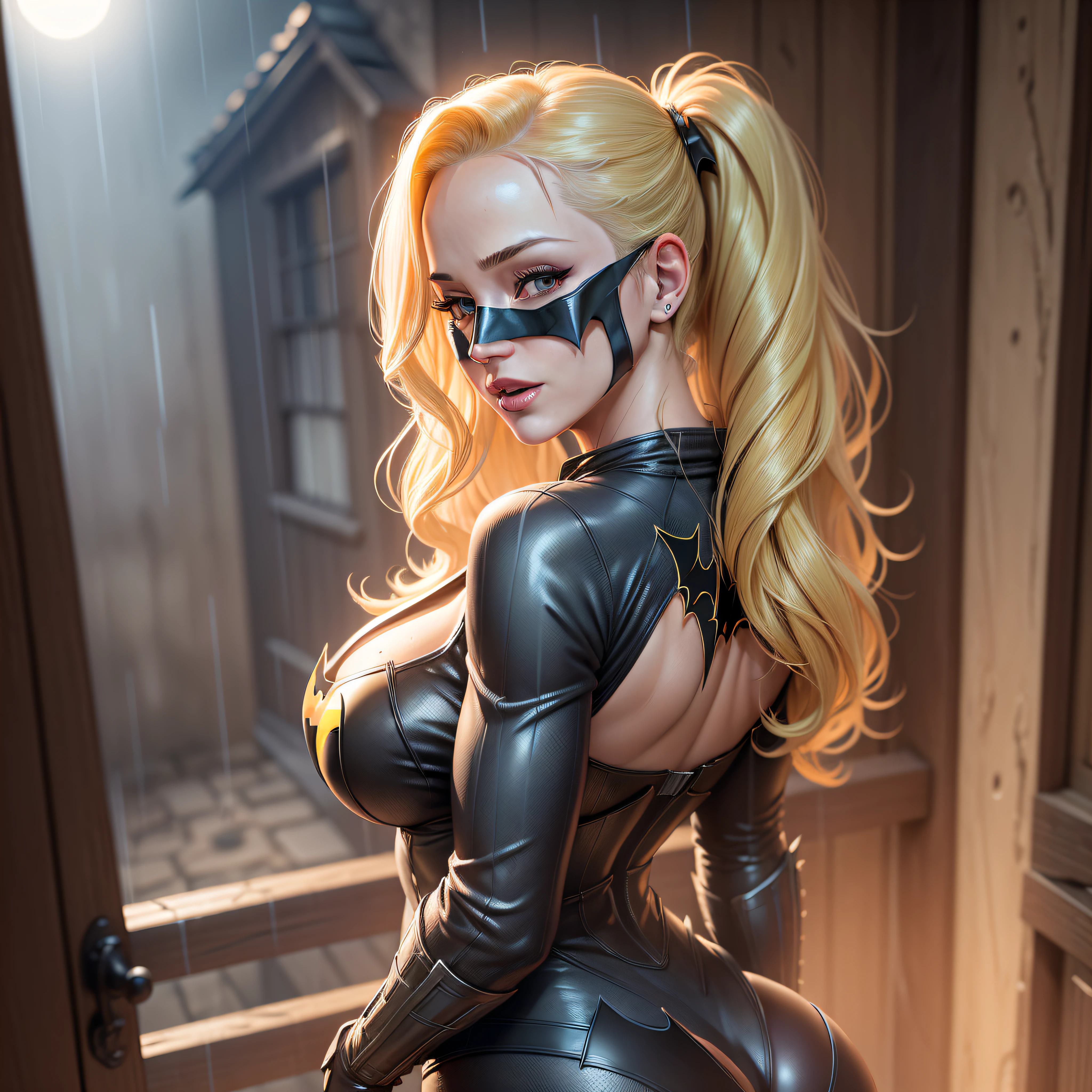 Beautiful blonde woman in the evening rain, batgirl clothes, standing in a haunted house, on her back, looking at the camera, big breasts, big ass, THIC ass, happy face, (HD) (4k) (realistic photo) (realistic woman) (30 years old) (wearing a batman mask) (mask covering the forehead and around the eyes) (hyper-realistic face) (realistic face)