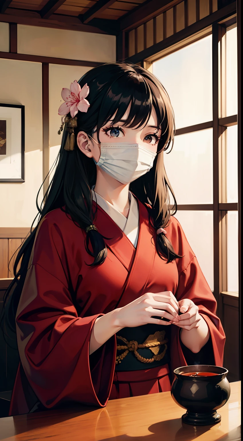 1girl, Kimono, Long hair, indoors, Cherry blossom, Table, Tea set, Bamboo basket, Decorative painting, Mask in hand, Gothic art, cinematic lighting, depth of field, motion blur, Fujicolor, wide shot, UHD, ccurate, super detail, award winning, high quality, best quality, textured skin, anatomically correct, HD, retina, 8k, 4K
